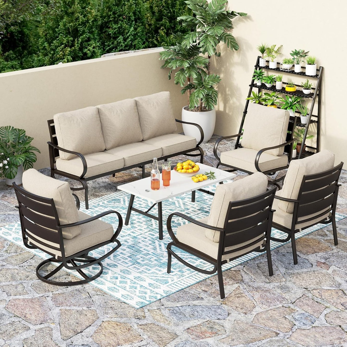 PHI VILLA 6 Piece Patio Furniture Sets with 1 x 3 Seater Padded Deep Seating Bench, 2 x Swivel Cushioned Sofa Chairs, 2 x Leg Sofa Chairs and 1 x Coffee Table, Outdoor Metal Furniture Set for 7