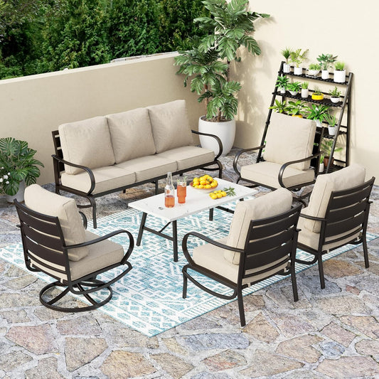 PHI VILLA 6 Piece Patio Furniture Sets with 1 x 3 Seater Padded Deep Seating Bench, 2 x Swivel Cushioned Sofa Chairs, 2 x Leg Sofa Chairs and 1 x Coffee Table, Outdoor Metal Furniture Set for 7