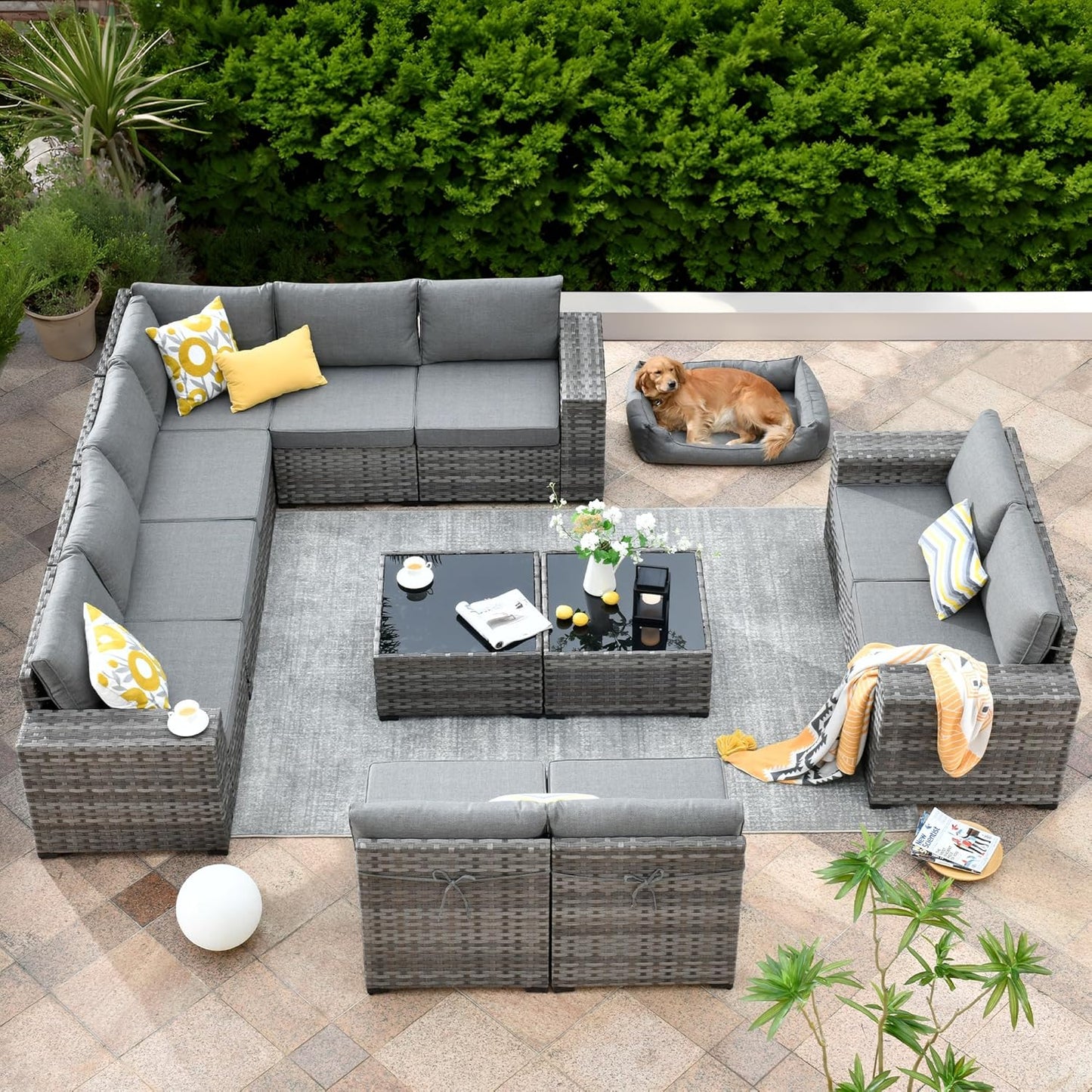 ovios 6 Pieces Patio Furniture Set, Outdoor Wicker Sectional Sofa with Glass Table Comfy Cushions, Modern Modular Deep Seat Couch Rattan Conversation Set, Denim Blue