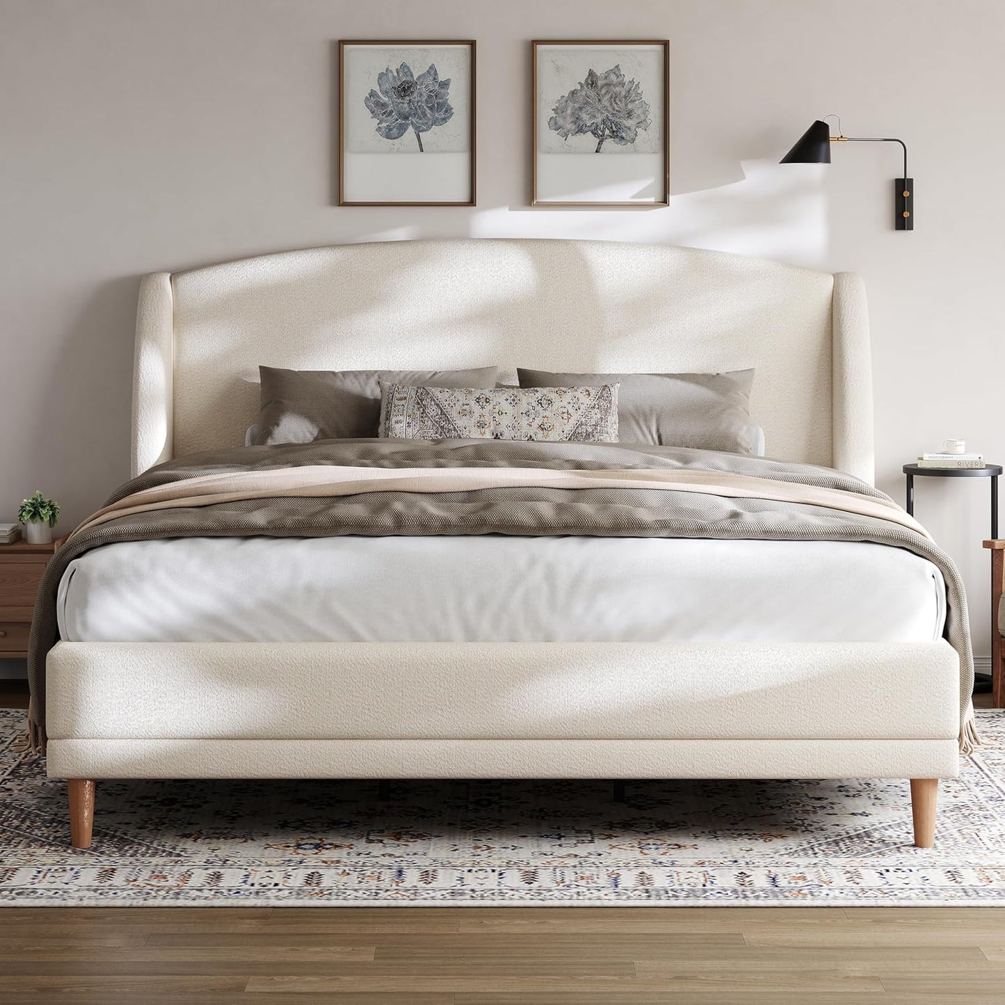 Christopher Knight Home Hazel King Size Bed Frame, Upholstered Platform Bed, Soft Boucle Wingback Headboard, Wood Bed Support and Slats, Curved-Shaped Headboard King Beds for Adult, 45.60" H White
