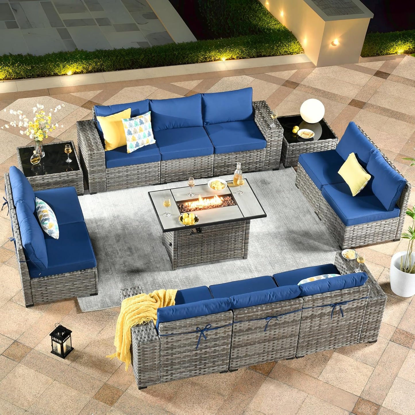 ovios 6 Pieces Patio Furniture Set, Outdoor Wicker Sectional Sofa with Glass Table Comfy Cushions, Modern Modular Deep Seat Couch Rattan Conversation Set, Denim Blue
