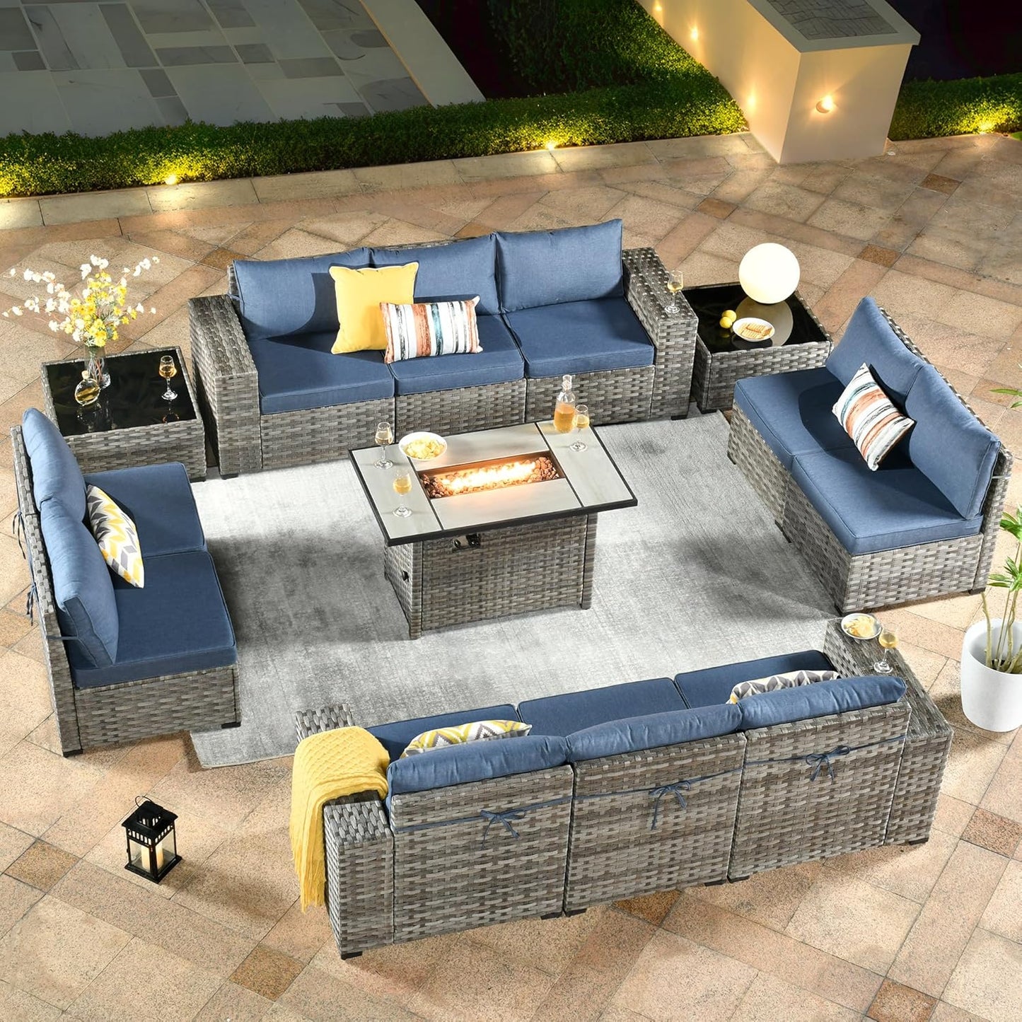 ovios 6 Pieces Patio Furniture Set, Outdoor Wicker Sectional Sofa with Glass Table Comfy Cushions, Modern Modular Deep Seat Couch Rattan Conversation Set, Denim Blue