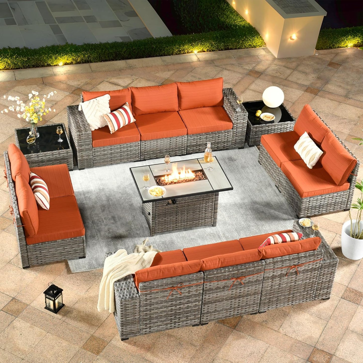 ovios 6 Pieces Patio Furniture Set, Outdoor Wicker Sectional Sofa with Glass Table Comfy Cushions, Modern Modular Deep Seat Couch Rattan Conversation Set, Denim Blue