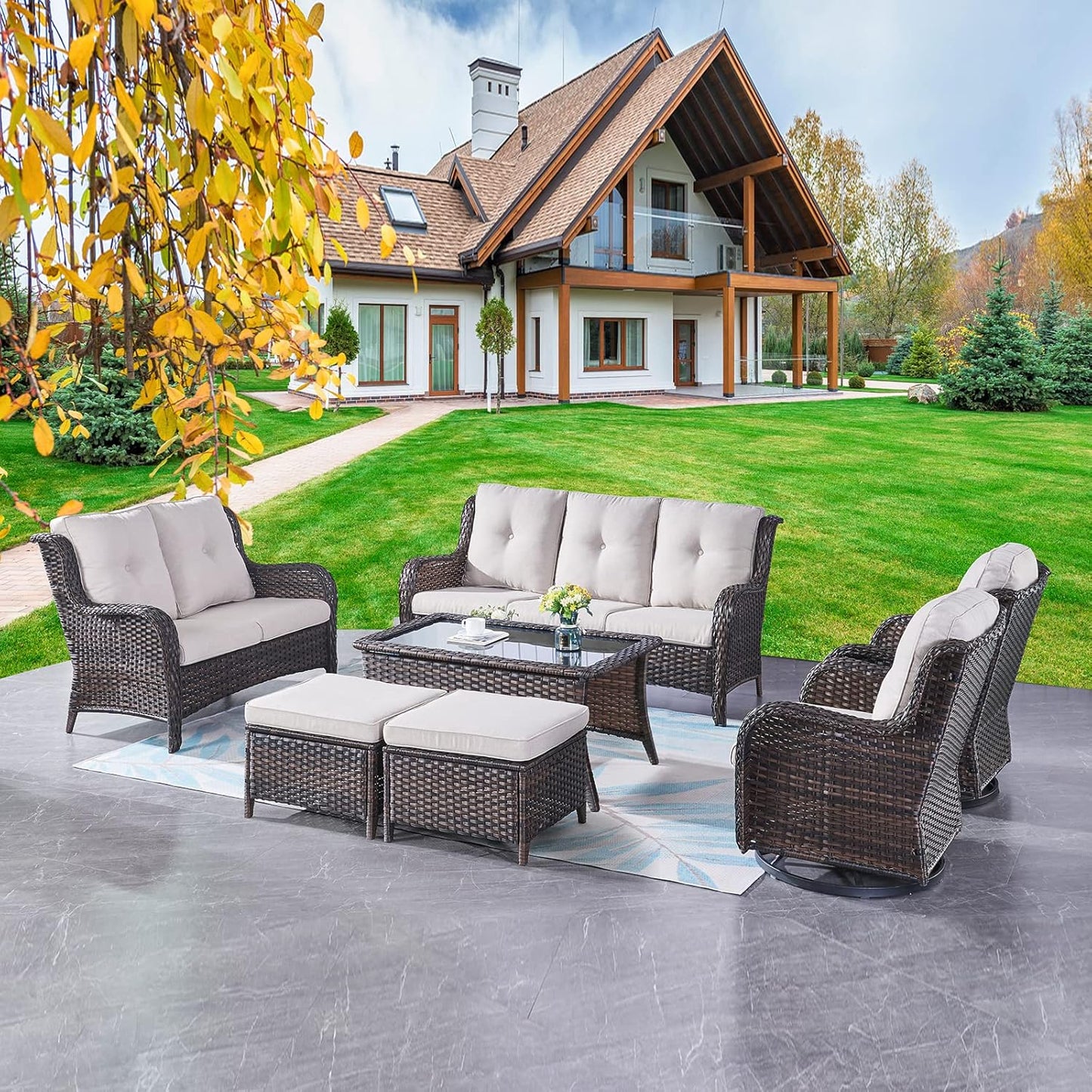 Rilyson Wicker Rocking Chair Swivel Chairs - 4 Piece Rocker Patio Chairs Set Rattan Rocking Chair for Outdoor Porch Deck Garden Backyard(Mixed Grey/Blue)