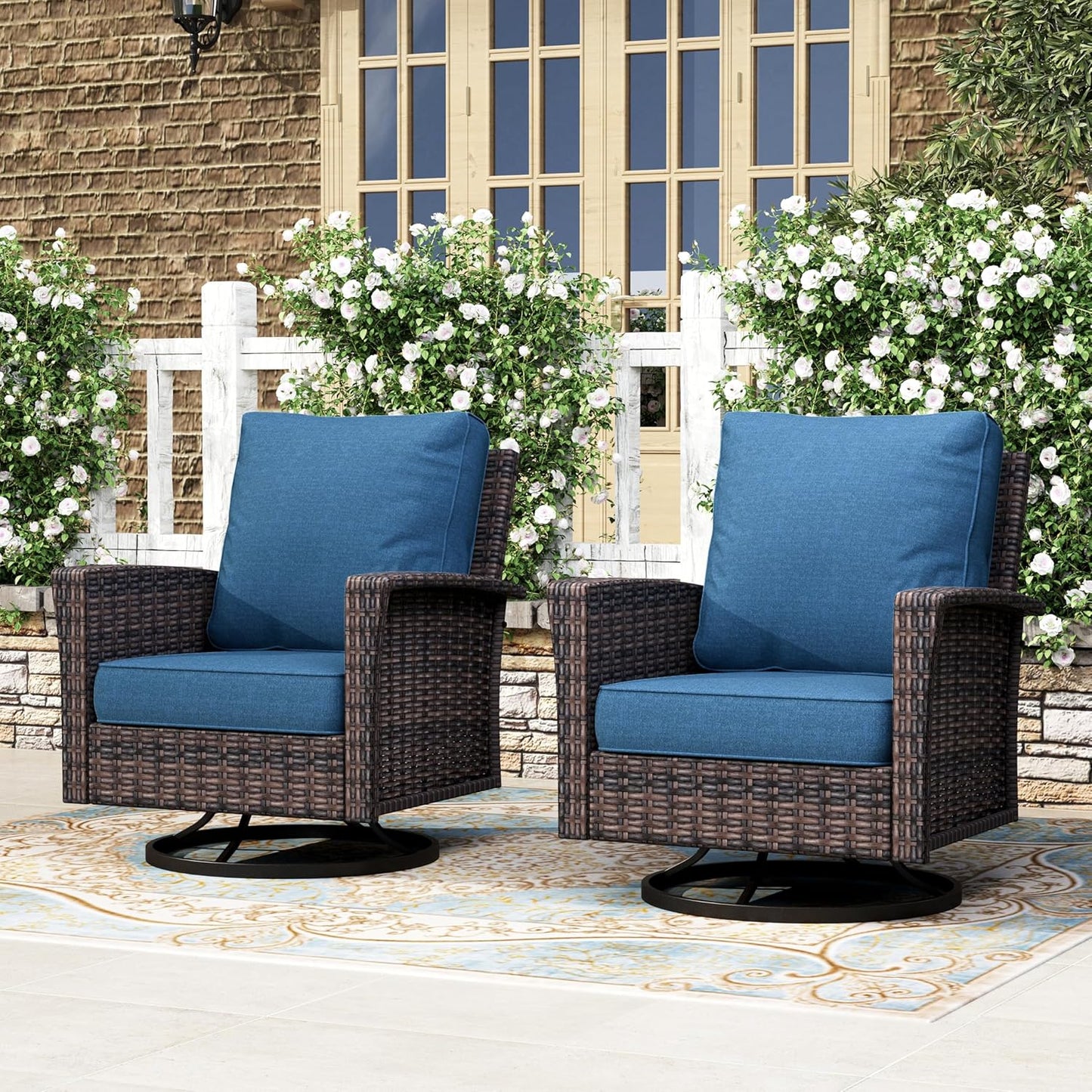 Luxury Patio Furniture Set with 5.5" Thick Cushion, Outdoor Wicker Conversation Set, 4 x High Back Swivel Patio Chairs with Tempered Glass Table, Waterproof 3-Seat Sofa for Deck Lawn Deck Yard, Beige