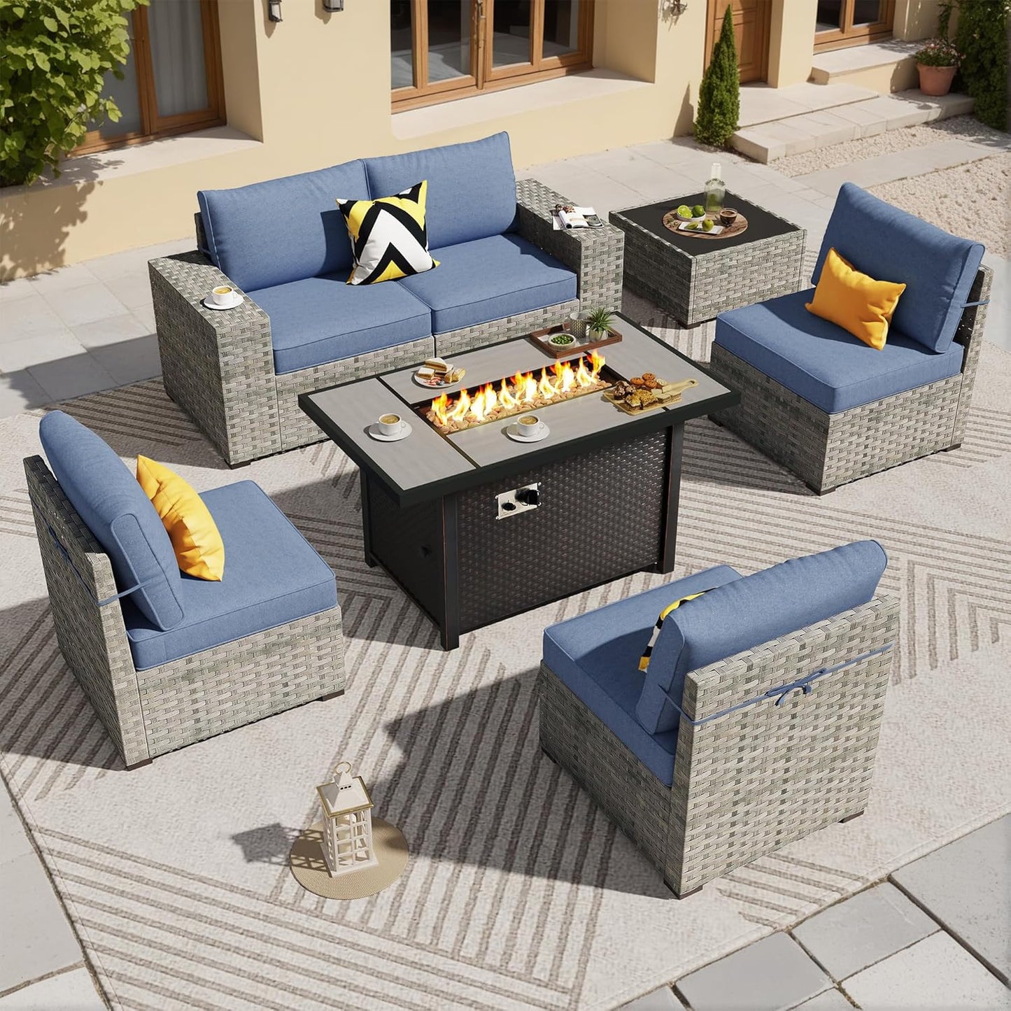 ovios 6 Pieces Patio Furniture Set, Outdoor Wicker Sectional Sofa with Glass Table Comfy Cushions, Modern Modular Deep Seat Couch Rattan Conversation Set, Denim Blue