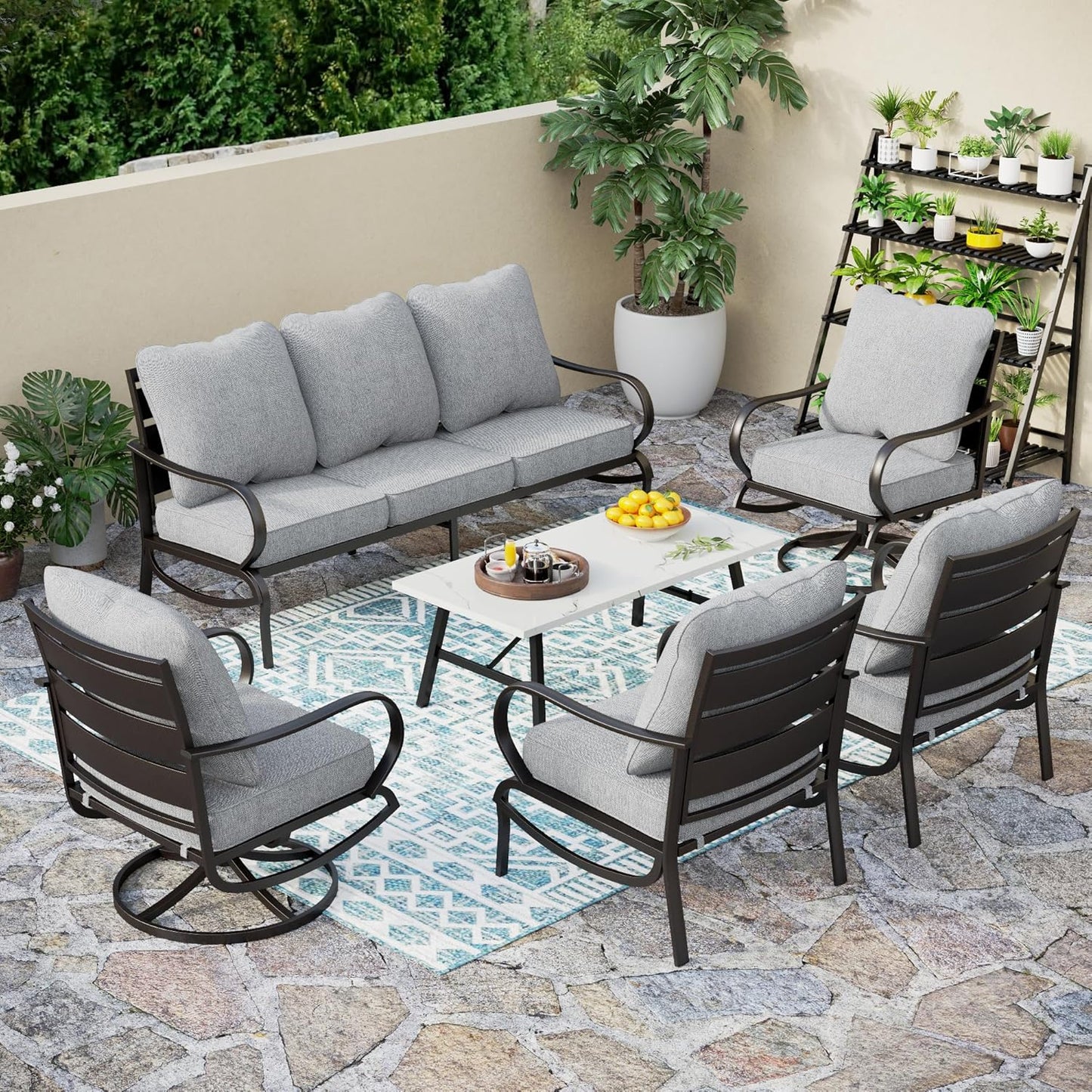 PHI VILLA 6 Piece Patio Furniture Sets with 1 x 3 Seater Padded Deep Seating Bench, 2 x Swivel Cushioned Sofa Chairs, 2 x Leg Sofa Chairs and 1 x Coffee Table, Outdoor Metal Furniture Set for 7
