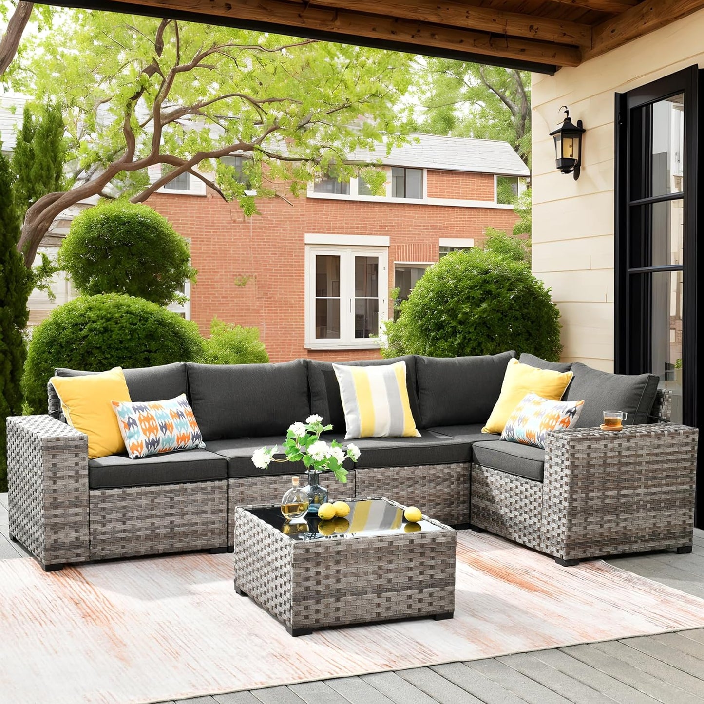 ovios 6 Pieces Patio Furniture Set, Outdoor Wicker Sectional Sofa with Glass Table Comfy Cushions, Modern Modular Deep Seat Couch Rattan Conversation Set, Denim Blue