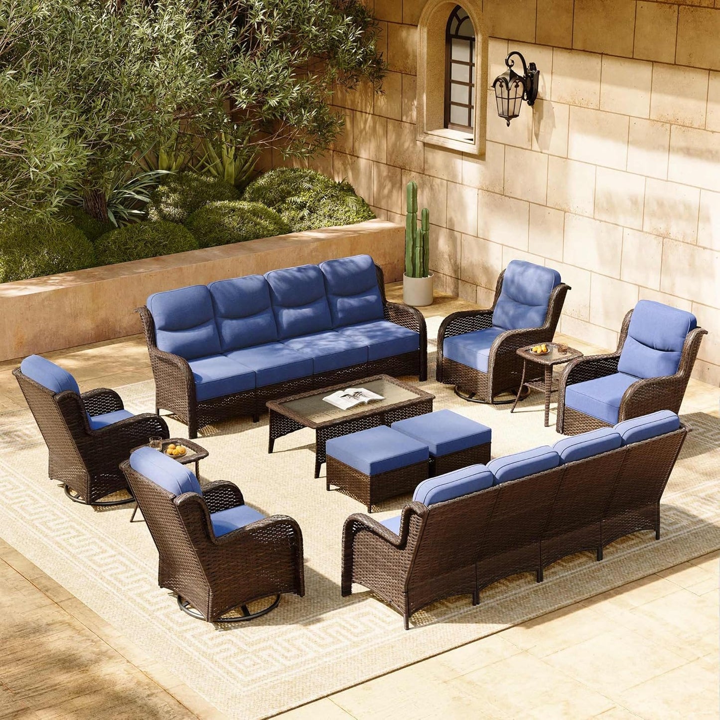 HILLGA Luxury Patio Furniture Set with 6-inch Thick Cushion, Outdoor Sectional Sofa and High Back Swivel Rocker Patio Chairs, 7PCS Wicker Conversation Set for Deck Yard and Pool, Blue (V2)