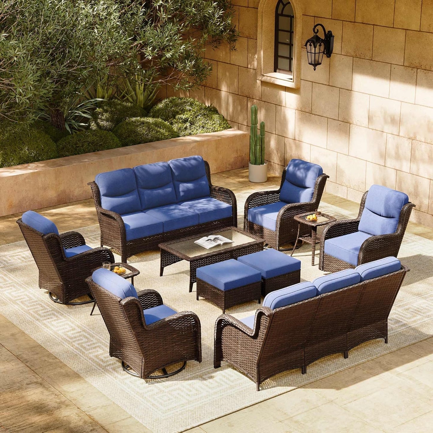 HILLGA Luxury Patio Furniture Set with 6-inch Thick Cushion, Outdoor Sectional Sofa and High Back Swivel Rocker Patio Chairs, 7PCS Wicker Conversation Set for Deck Yard and Pool, Blue (V2)