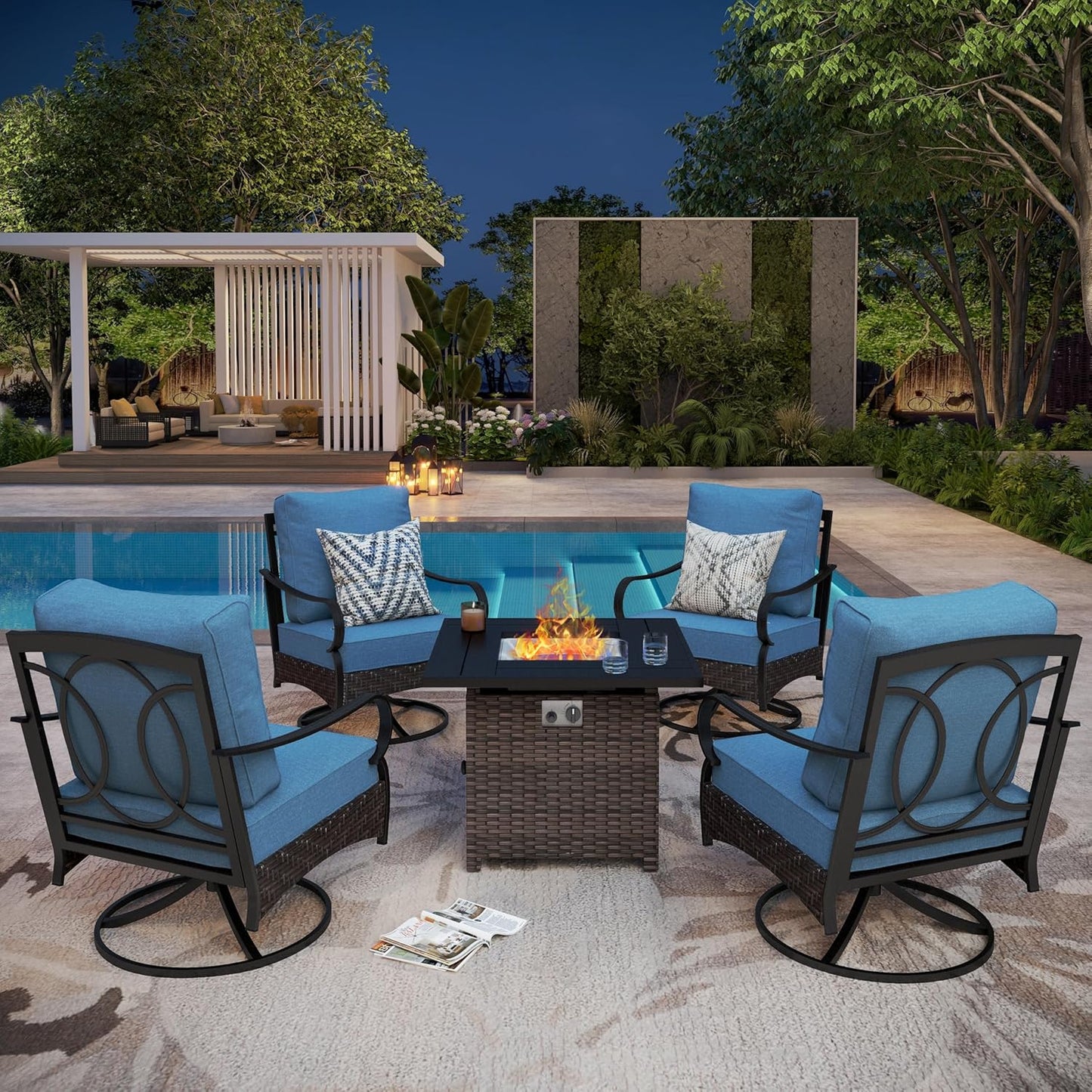 Patio Furniture Set with 56" Fire Pit Table, Premium Outdoor Wicker Metal Frame Furniture with Upgraded Waterproof Thick Cushions for Porch, Poolside, Deck, and Yard (4 Pieces,Red