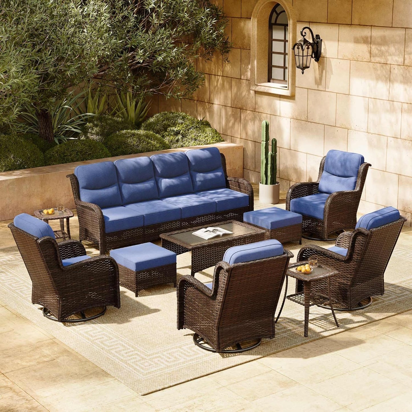 HILLGA Luxury Patio Furniture Set with 6-inch Thick Cushion, Outdoor Sectional Sofa and High Back Swivel Rocker Patio Chairs, 7PCS Wicker Conversation Set for Deck Yard and Pool, Blue (V2)