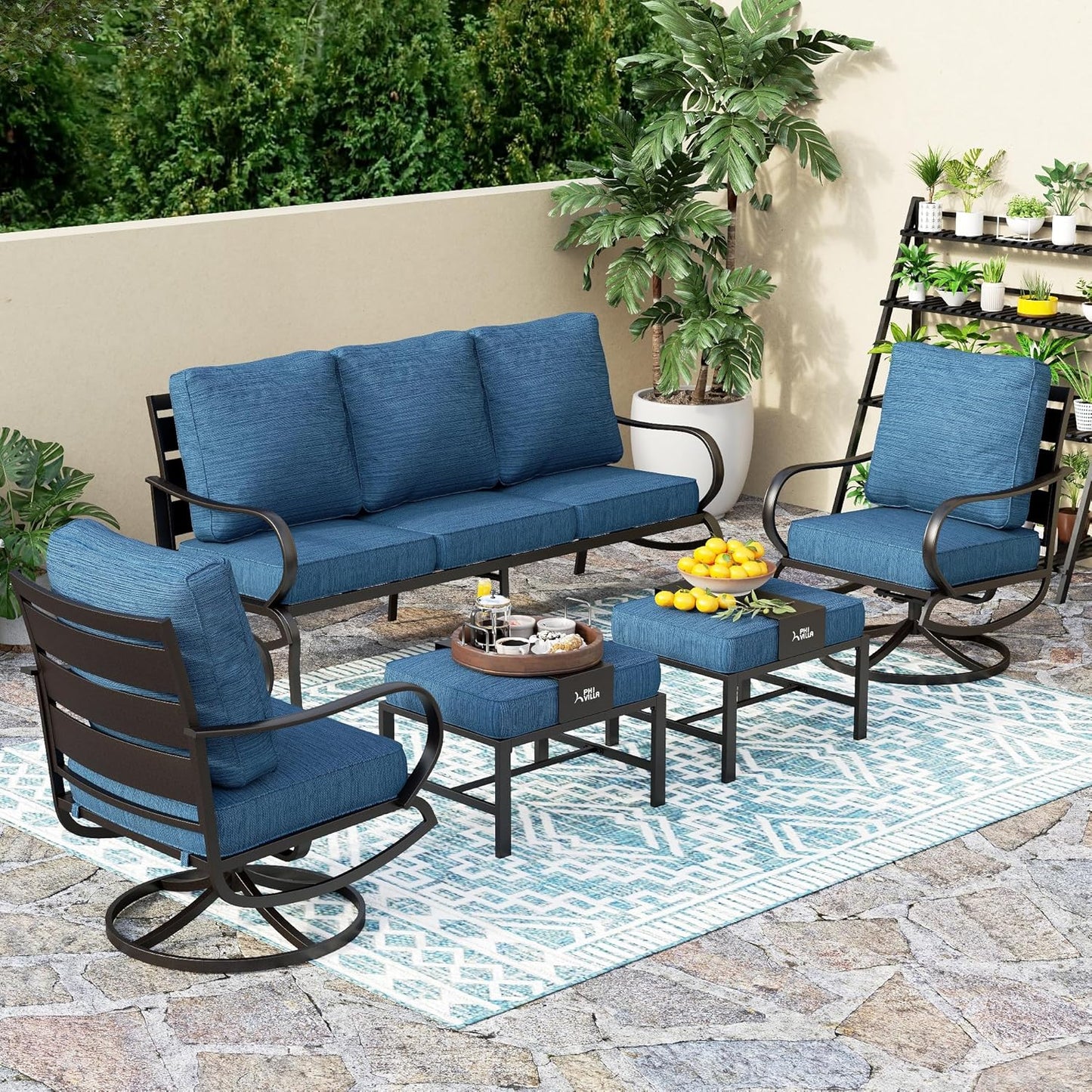 PHI VILLA 6 Piece Patio Furniture Sets with 1 x 3 Seater Padded Deep Seating Bench, 2 x Swivel Cushioned Sofa Chairs, 2 x Leg Sofa Chairs and 1 x Coffee Table, Outdoor Metal Furniture Set for 7