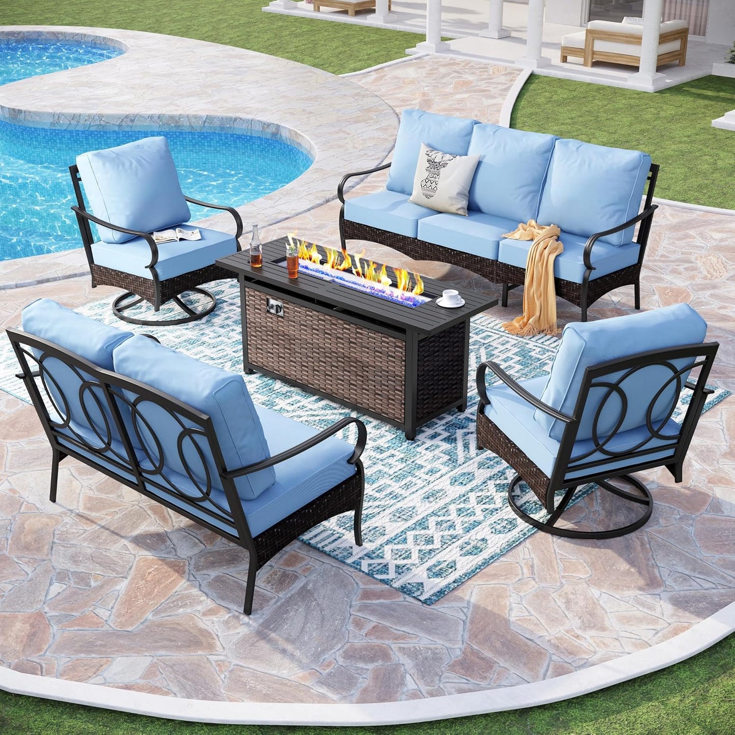 Patio Furniture Set with 56" Fire Pit Table, Premium Outdoor Wicker Metal Frame Furniture with Upgraded Waterproof Thick Cushions for Porch, Poolside, Deck, and Yard (4 Pieces,Red