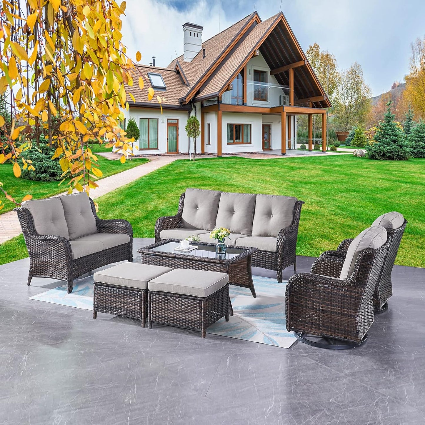 Rilyson Wicker Rocking Chair Swivel Chairs - 4 Piece Rocker Patio Chairs Set Rattan Rocking Chair for Outdoor Porch Deck Garden Backyard(Mixed Grey/Blue)