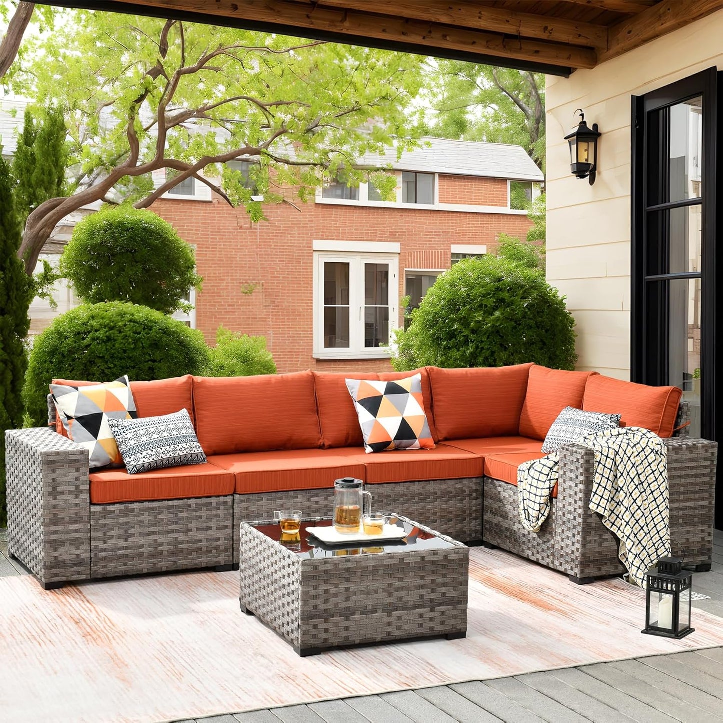 ovios 6 Pieces Patio Furniture Set, Outdoor Wicker Sectional Sofa with Glass Table Comfy Cushions, Modern Modular Deep Seat Couch Rattan Conversation Set, Denim Blue