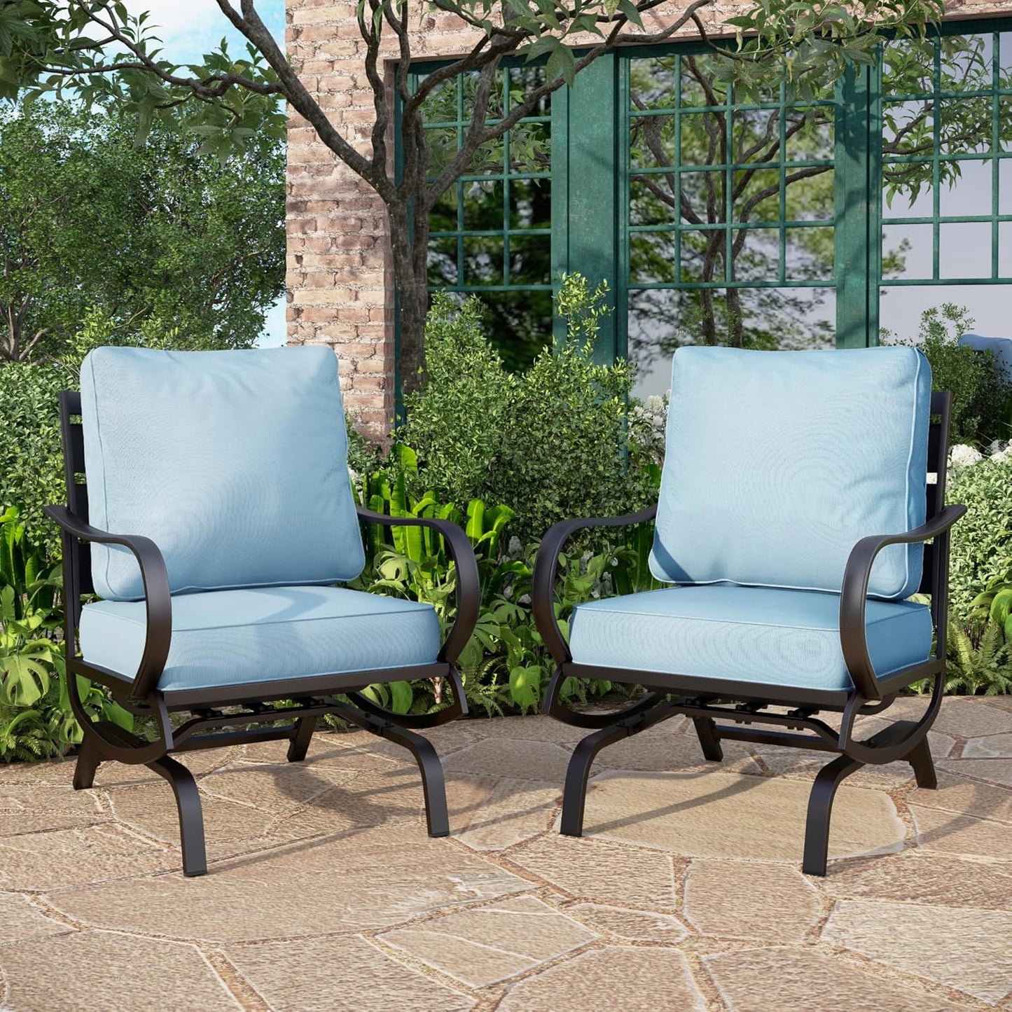 PHI VILLA 6 Piece Patio Furniture Sets with 1 x 3 Seater Padded Deep Seating Bench, 2 x Swivel Cushioned Sofa Chairs, 2 x Leg Sofa Chairs and 1 x Coffee Table, Outdoor Metal Furniture Set for 7