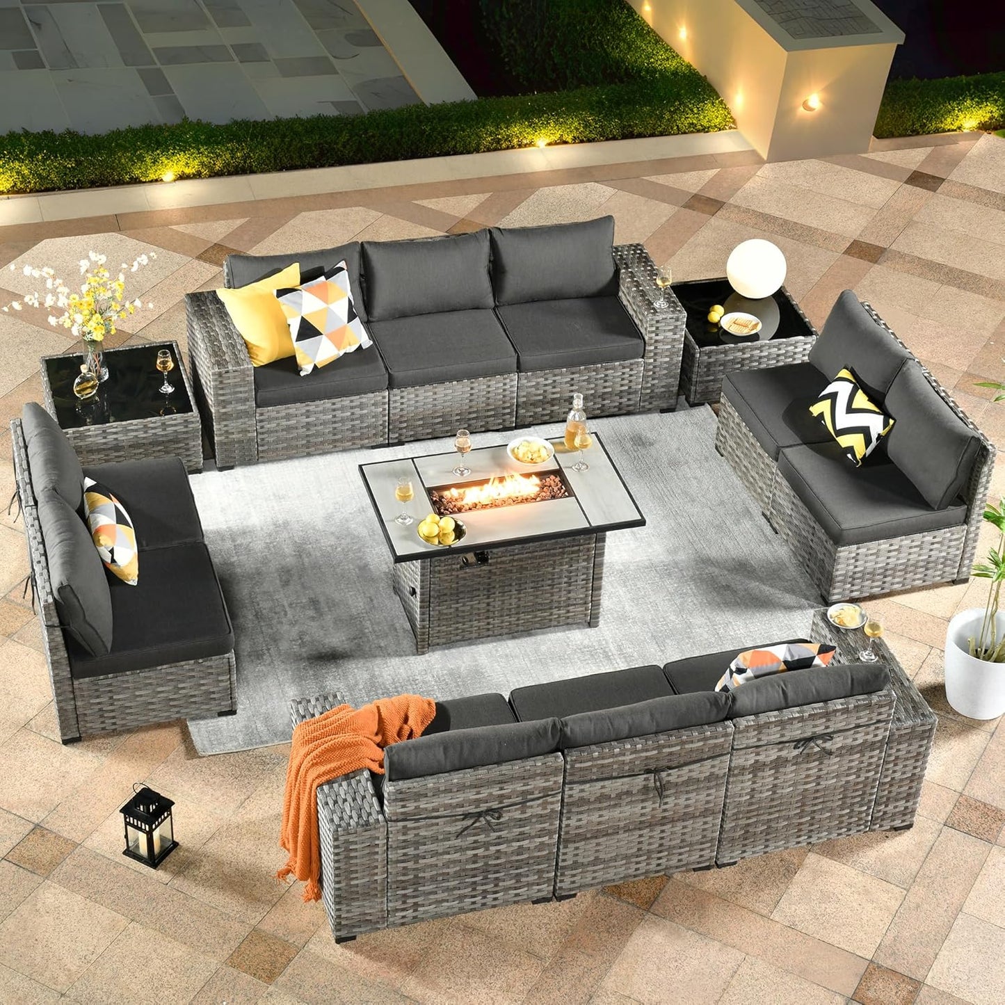 ovios 6 Pieces Patio Furniture Set, Outdoor Wicker Sectional Sofa with Glass Table Comfy Cushions, Modern Modular Deep Seat Couch Rattan Conversation Set, Denim Blue