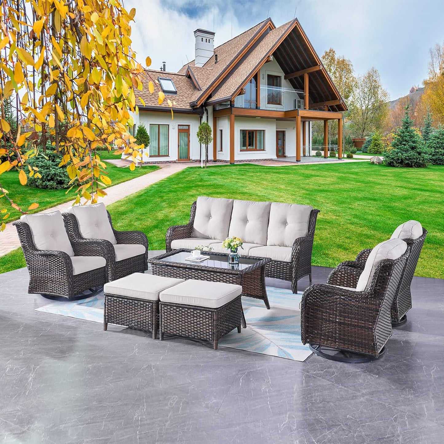 Rilyson Wicker Rocking Chair Swivel Chairs - 4 Piece Rocker Patio Chairs Set Rattan Rocking Chair for Outdoor Porch Deck Garden Backyard(Mixed Grey/Blue)
