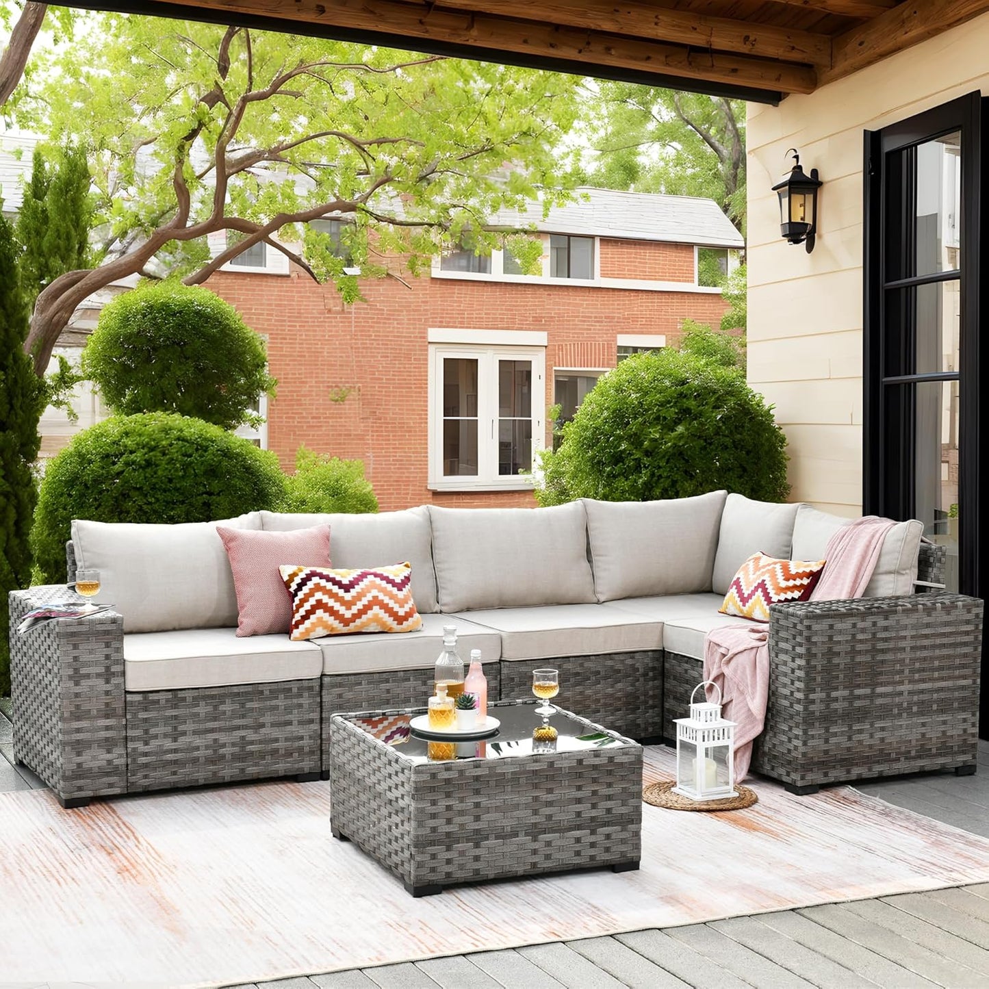 ovios 6 Pieces Patio Furniture Set, Outdoor Wicker Sectional Sofa with Glass Table Comfy Cushions, Modern Modular Deep Seat Couch Rattan Conversation Set, Denim Blue