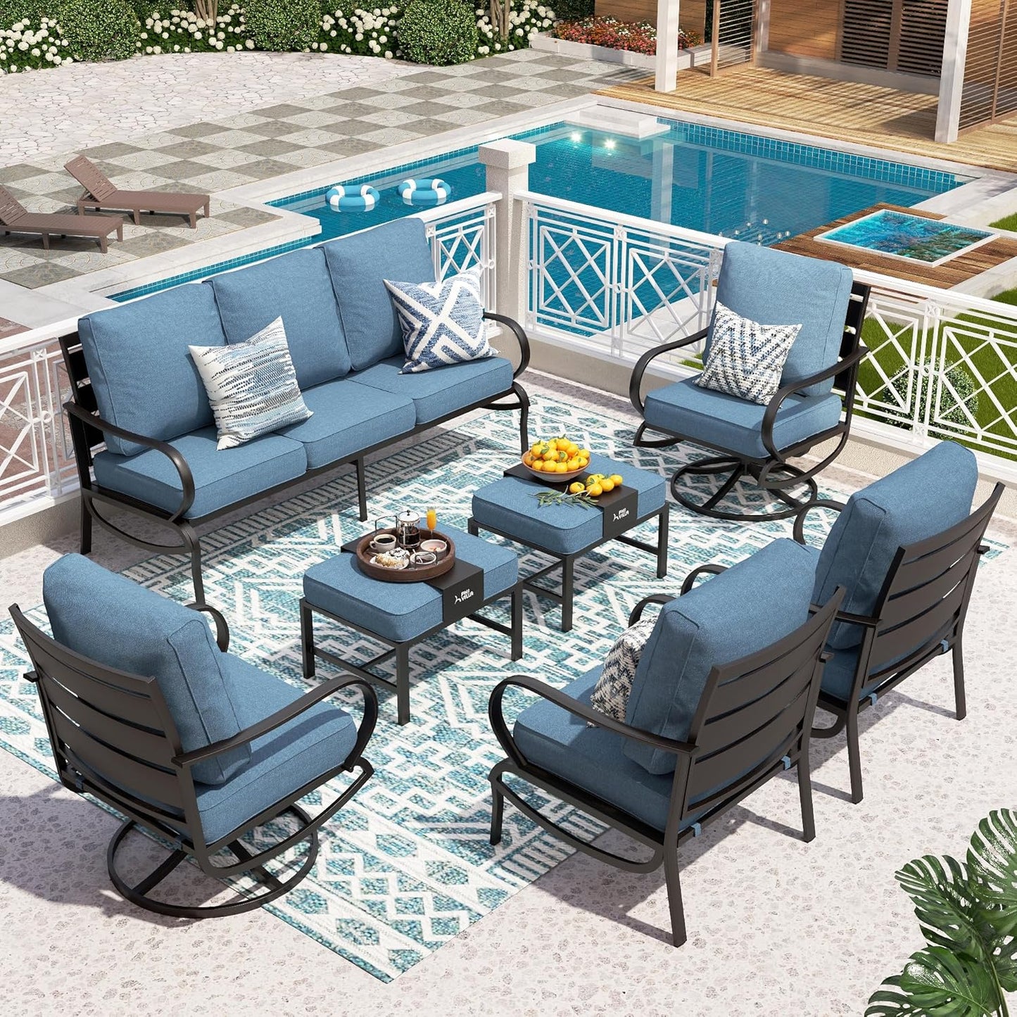 PHI VILLA 6 Piece Patio Furniture Sets with 1 x 3 Seater Padded Deep Seating Bench, 2 x Swivel Cushioned Sofa Chairs, 2 x Leg Sofa Chairs and 1 x Coffee Table, Outdoor Metal Furniture Set for 7