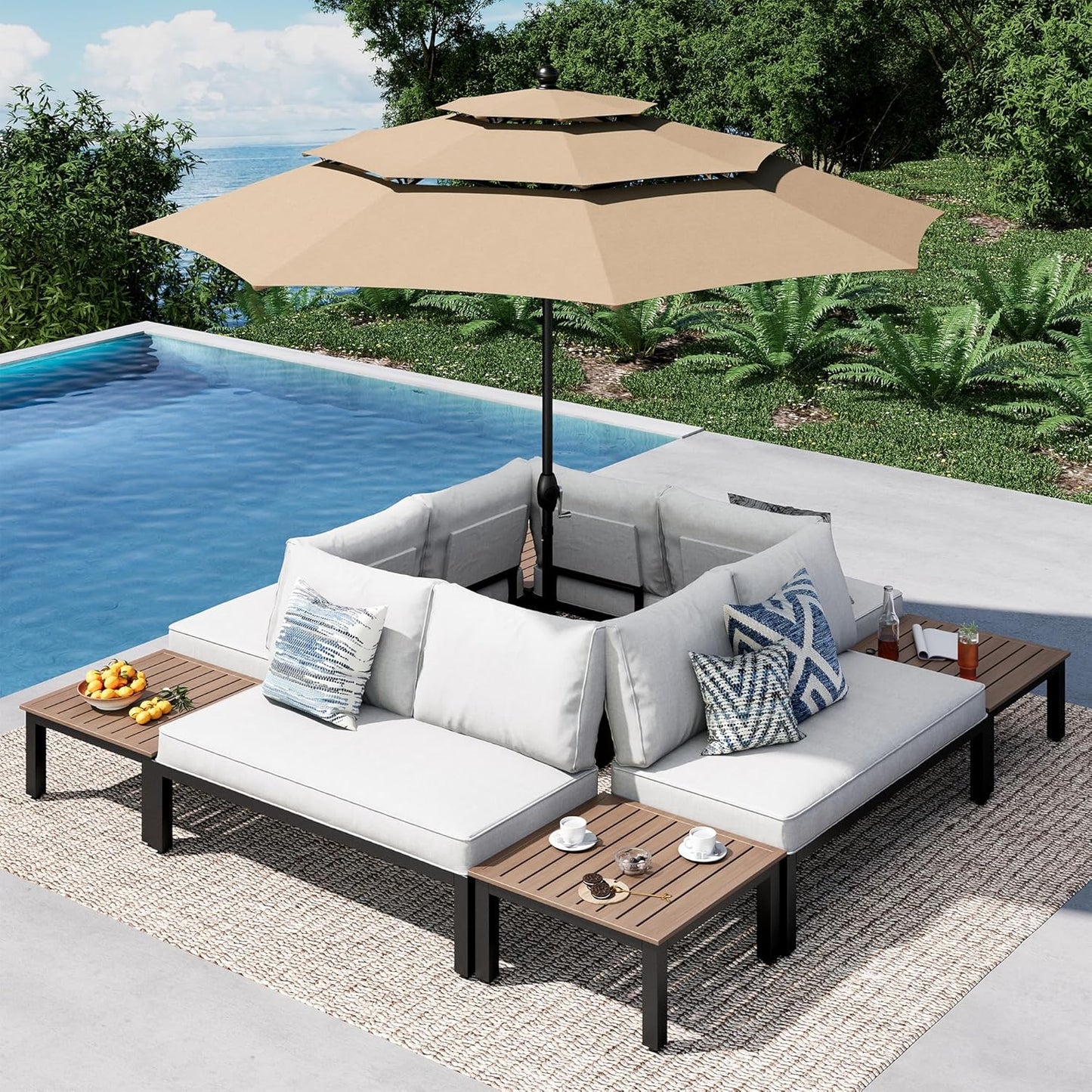 PHI VILLA 6 Pieces Outdoor Patio Furniture Set,Metal Frame Modern Outdoor Sectional Sofa Set,6 Seats Patio Conversation Sets with Coffee Table&Thickened Cushion,for Poolside and Backyard,Light Grey