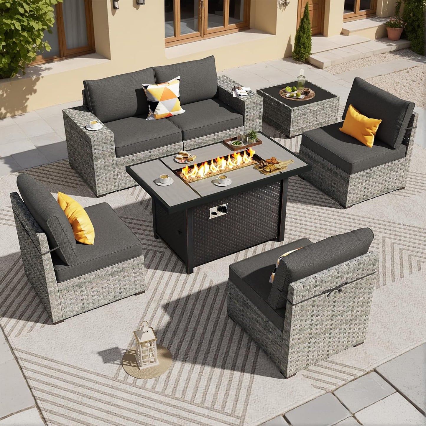 ovios 6 Pieces Patio Furniture Set, Outdoor Wicker Sectional Sofa with Glass Table Comfy Cushions, Modern Modular Deep Seat Couch Rattan Conversation Set, Denim Blue
