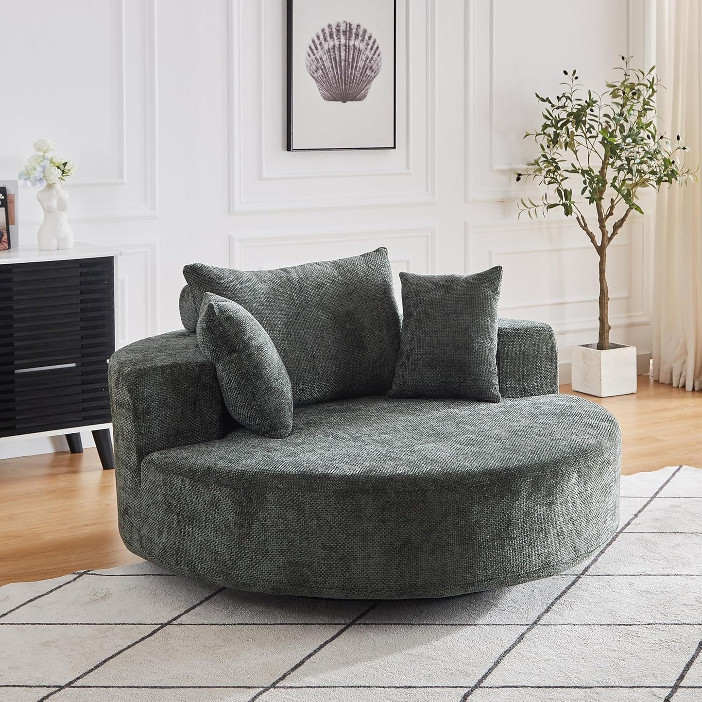 KEIKI 55" Oversized Swivel Accent Chair, Large Barrel Chairs Upholstered Round Swivel Chair, Chenille Single Sofa Armchair, Sleeper Chair for Living Room, Lounge, Beige