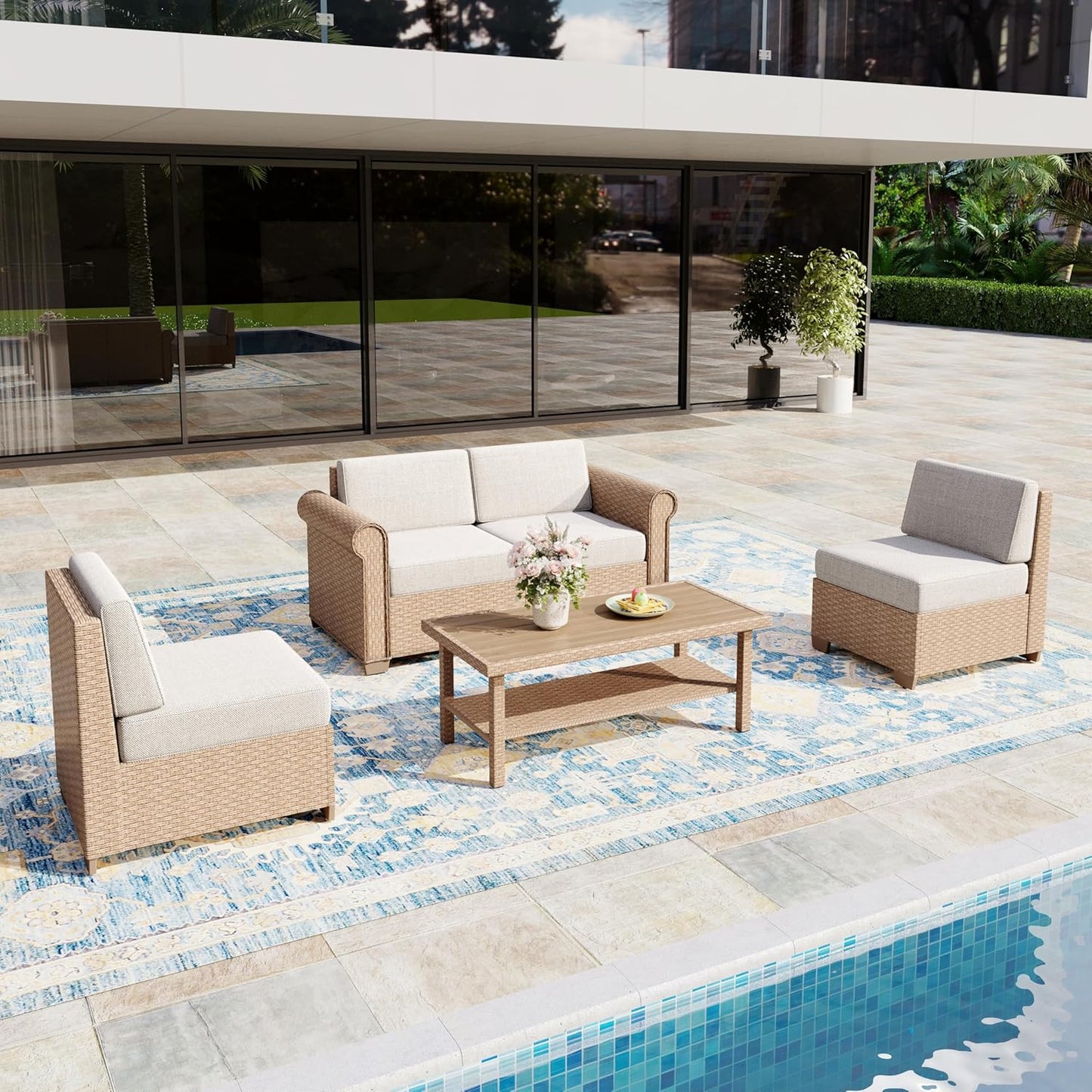 Patio Furniture Set, 8 Piece Outdoor Rattan Wicker Sectional Conversation Set with 5.5" Thick Waterproof Cushions and Coffee Table for Deck Backyard