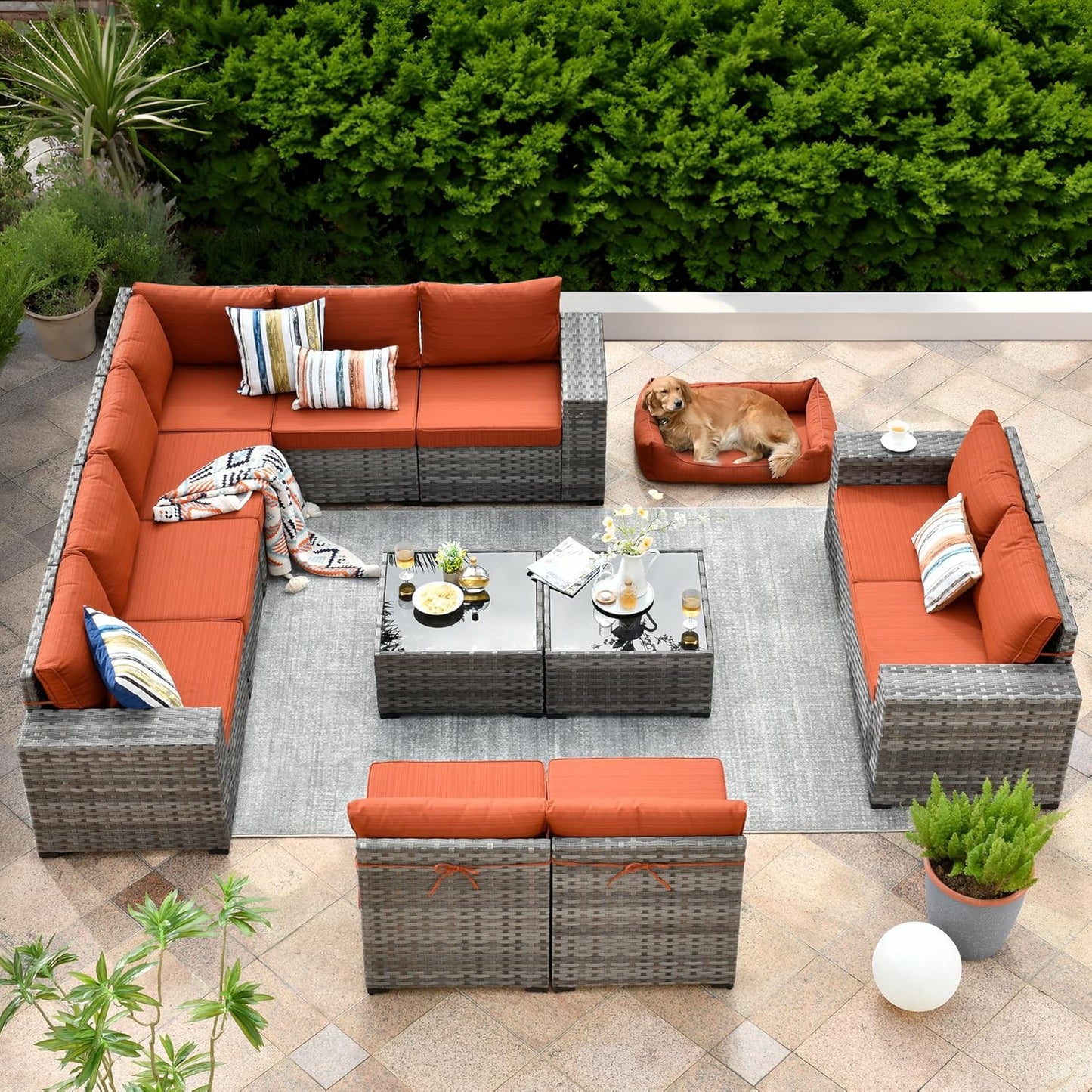ovios 6 Pieces Patio Furniture Set, Outdoor Wicker Sectional Sofa with Glass Table Comfy Cushions, Modern Modular Deep Seat Couch Rattan Conversation Set, Denim Blue