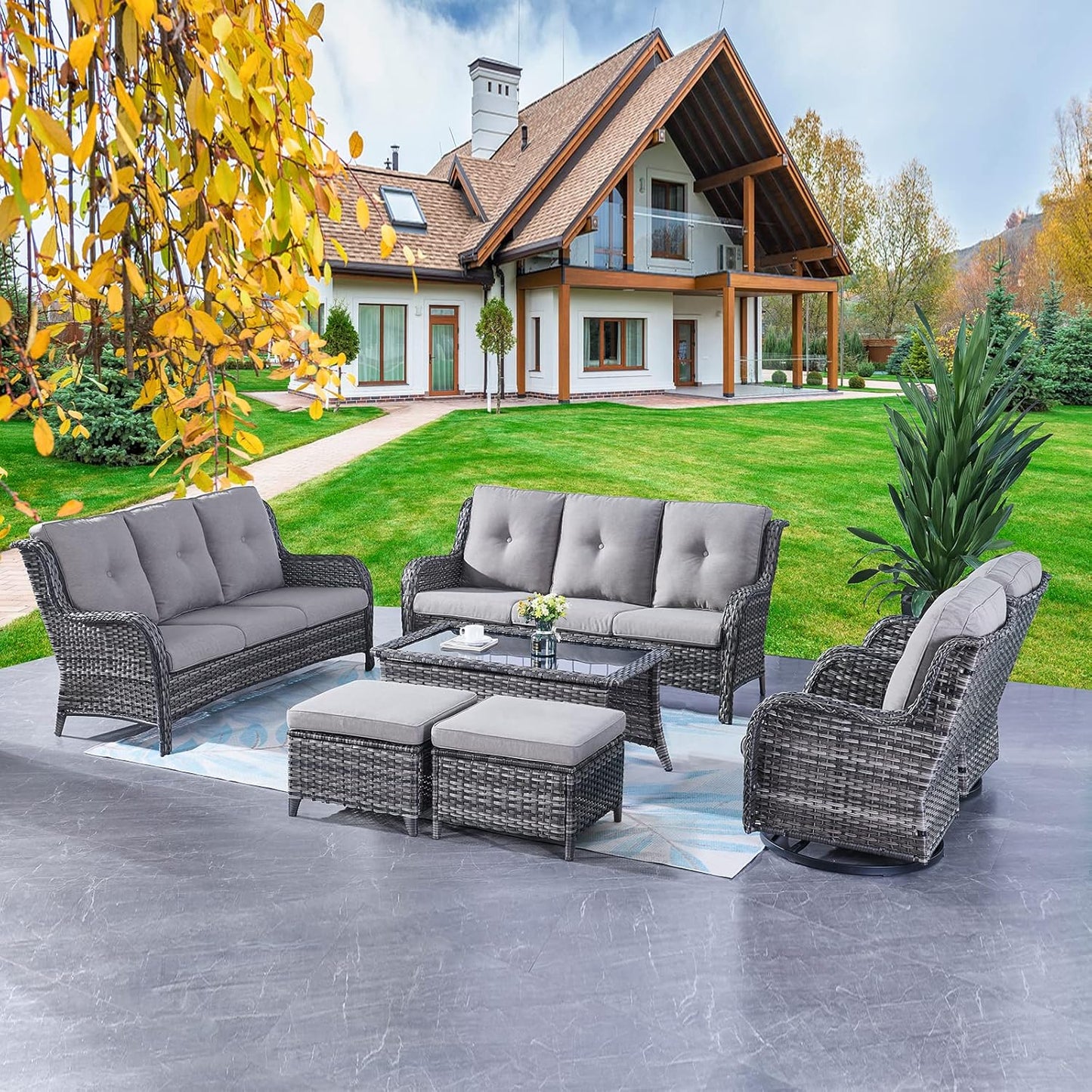 Rilyson Wicker Rocking Chair Swivel Chairs - 4 Piece Rocker Patio Chairs Set Rattan Rocking Chair for Outdoor Porch Deck Garden Backyard(Mixed Grey/Blue)