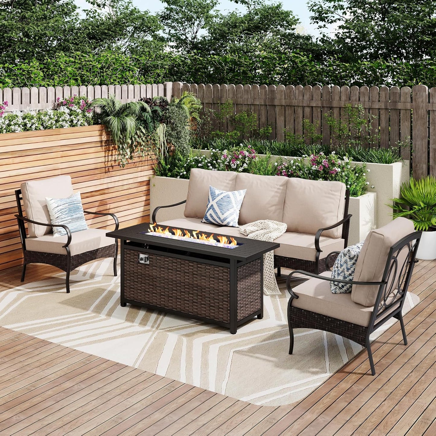 Patio Furniture Set with 56" Fire Pit Table, Premium Outdoor Wicker Metal Frame Furniture with Upgraded Waterproof Thick Cushions for Porch, Poolside, Deck, and Yard (4 Pieces,Red