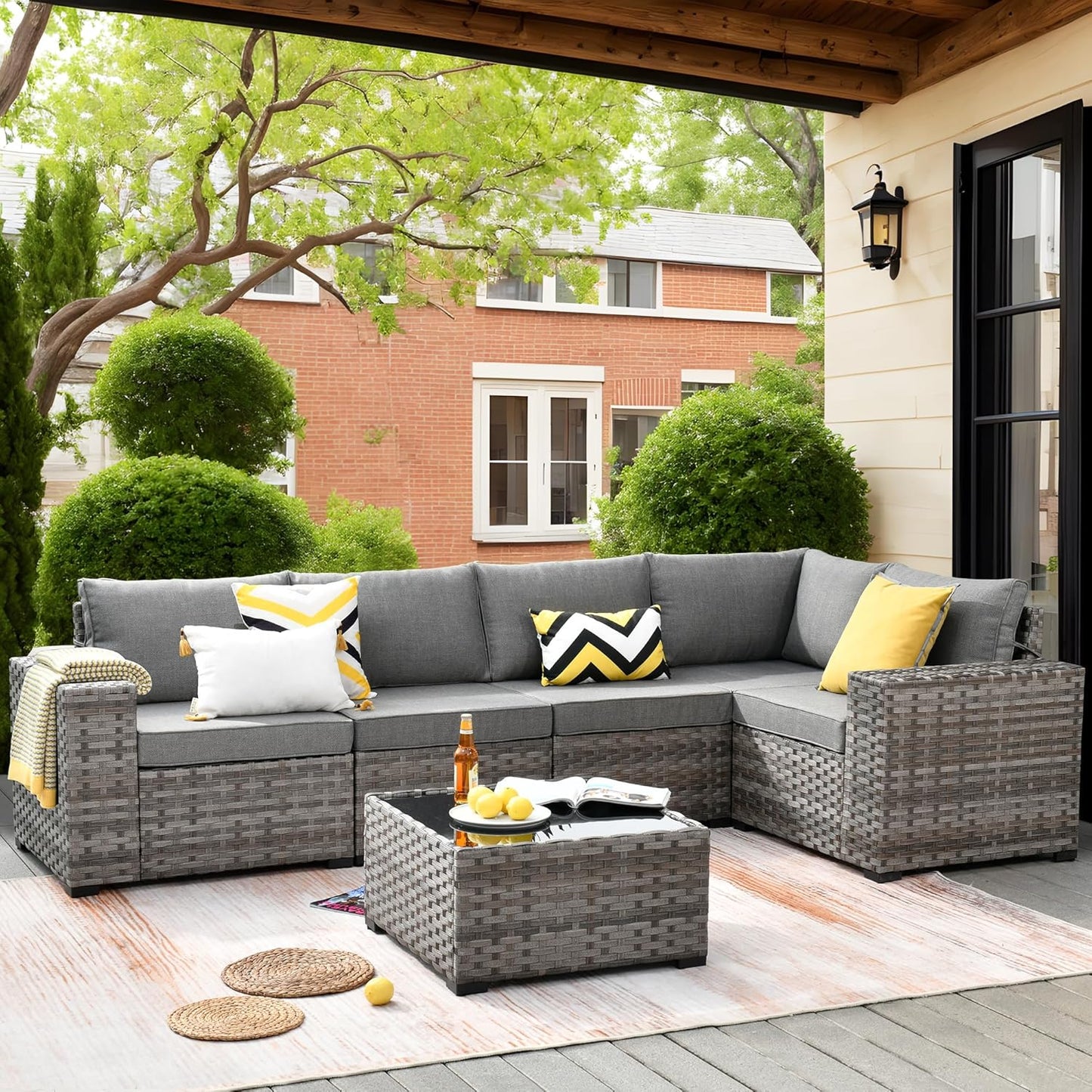 ovios 6 Pieces Patio Furniture Set, Outdoor Wicker Sectional Sofa with Glass Table Comfy Cushions, Modern Modular Deep Seat Couch Rattan Conversation Set, Denim Blue