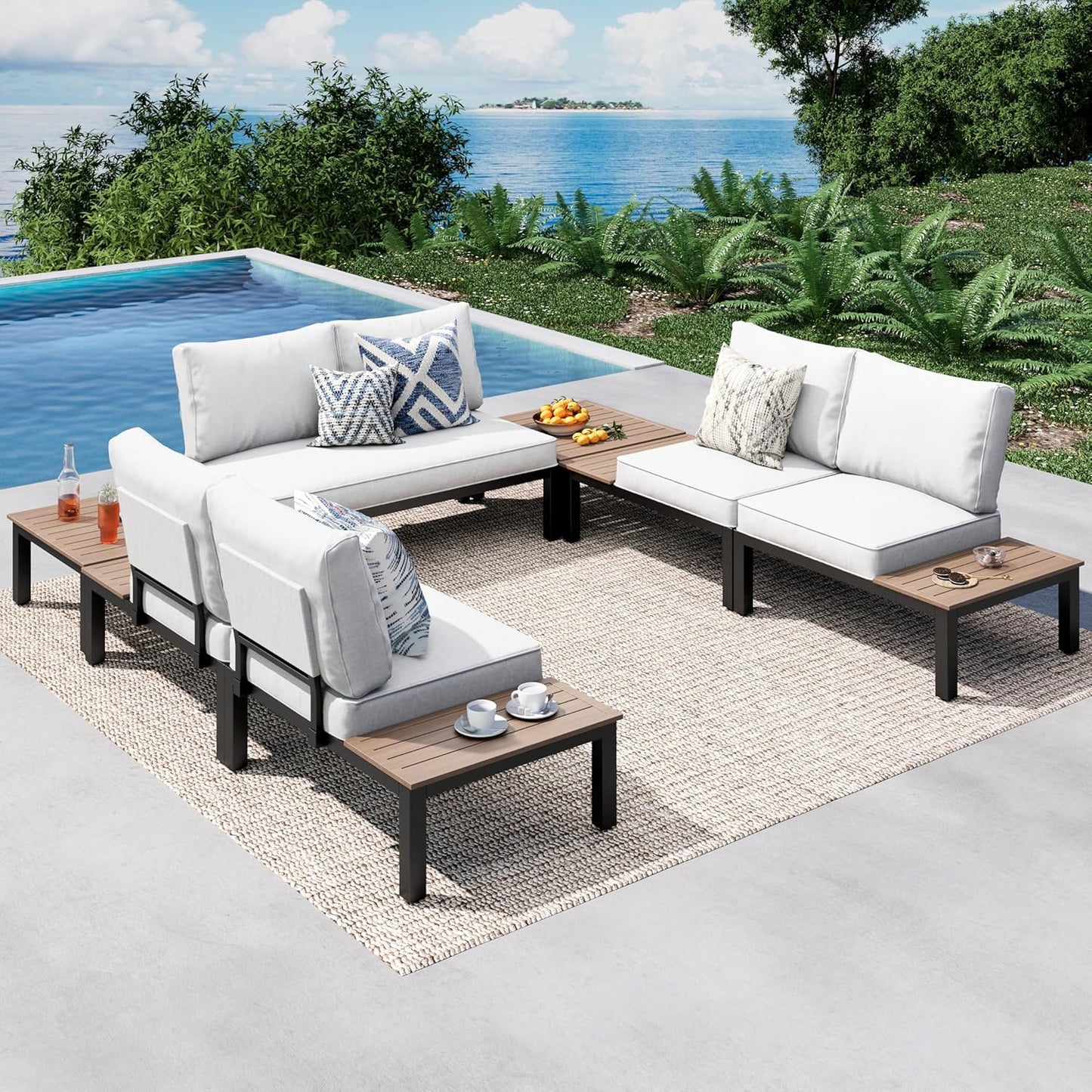 PHI VILLA 6 Pieces Outdoor Patio Furniture Set,Metal Frame Modern Outdoor Sectional Sofa Set,6 Seats Patio Conversation Sets with Coffee Table&Thickened Cushion,for Poolside and Backyard,Light Grey