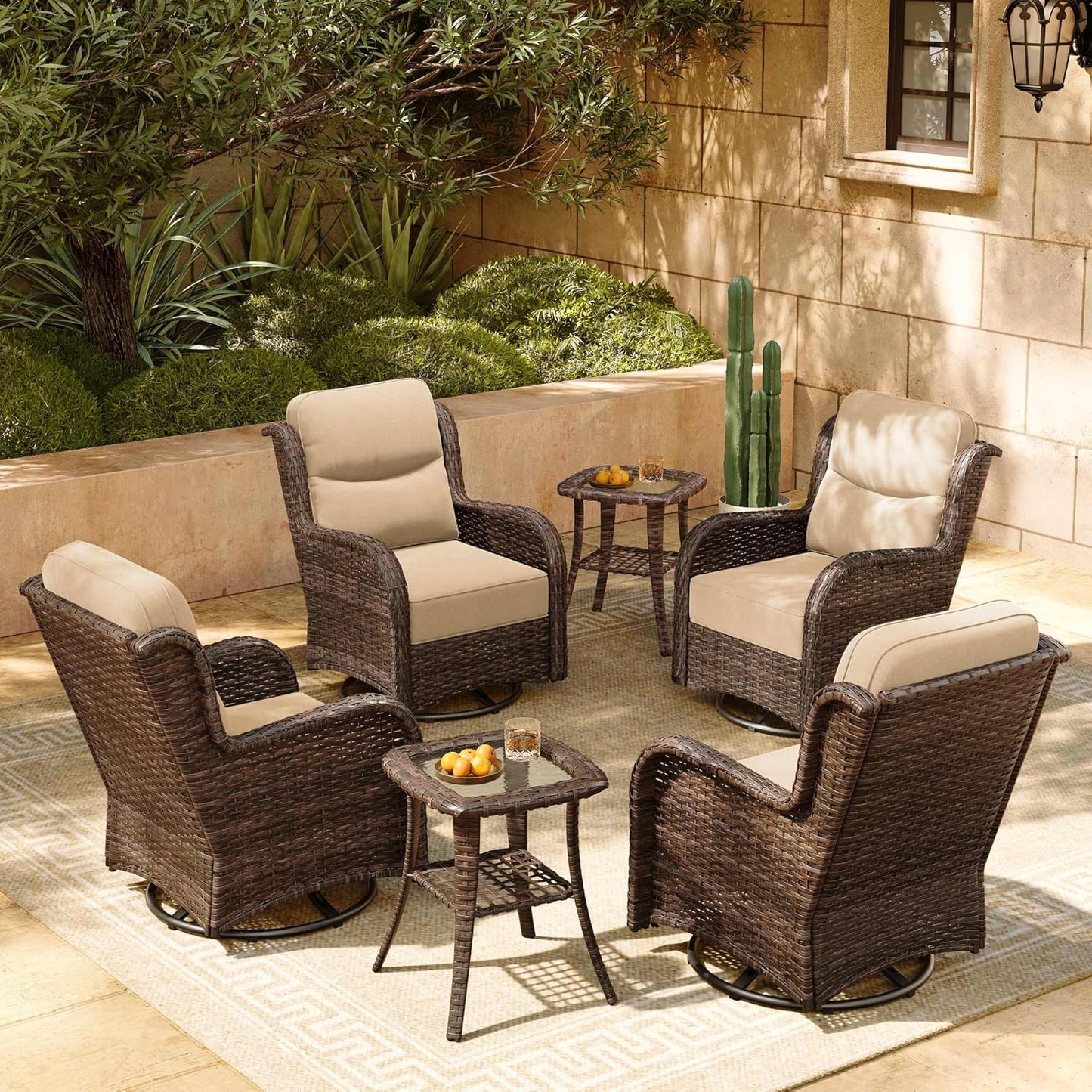 HILLGA Luxury Patio Furniture Set with 6-inch Thick Cushion, Outdoor Sectional Sofa and High Back Swivel Rocker Patio Chairs, 7PCS Wicker Conversation Set for Deck Yard and Pool, Blue (V2)