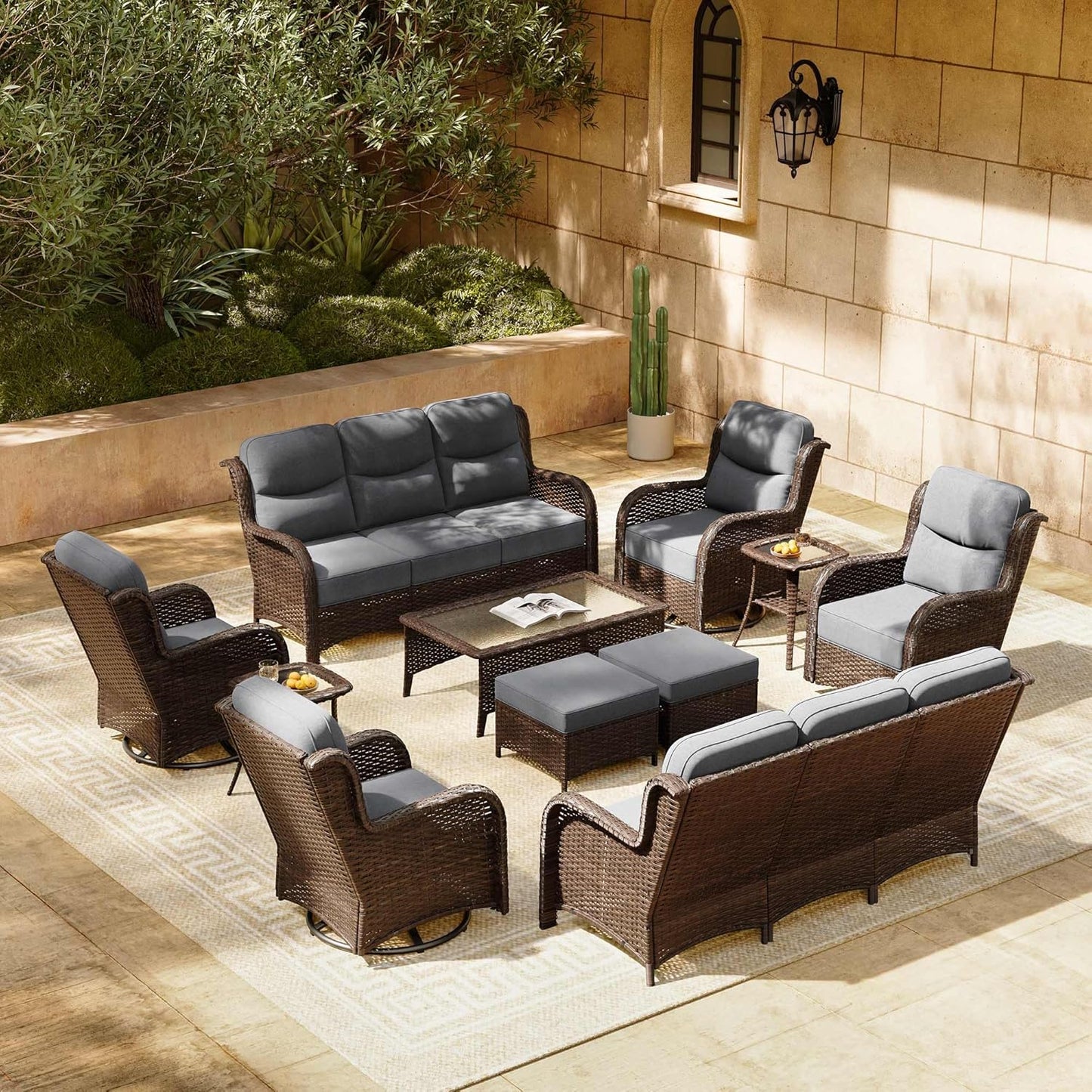 HILLGA Luxury Patio Furniture Set with 6-inch Thick Cushion, Outdoor Sectional Sofa and High Back Swivel Rocker Patio Chairs, 7PCS Wicker Conversation Set for Deck Yard and Pool, Blue (V2)