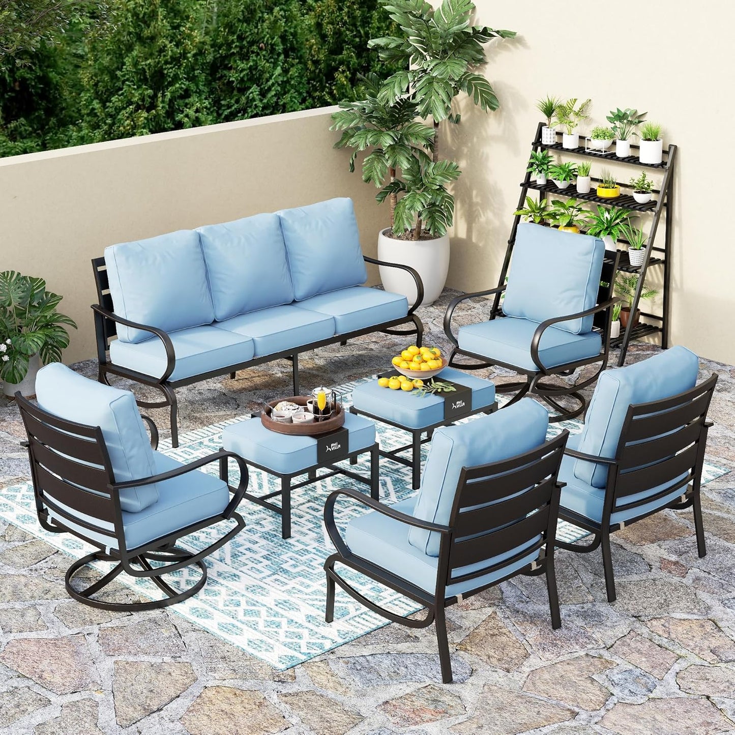 PHI VILLA 6 Piece Patio Furniture Sets with 1 x 3 Seater Padded Deep Seating Bench, 2 x Swivel Cushioned Sofa Chairs, 2 x Leg Sofa Chairs and 1 x Coffee Table, Outdoor Metal Furniture Set for 7
