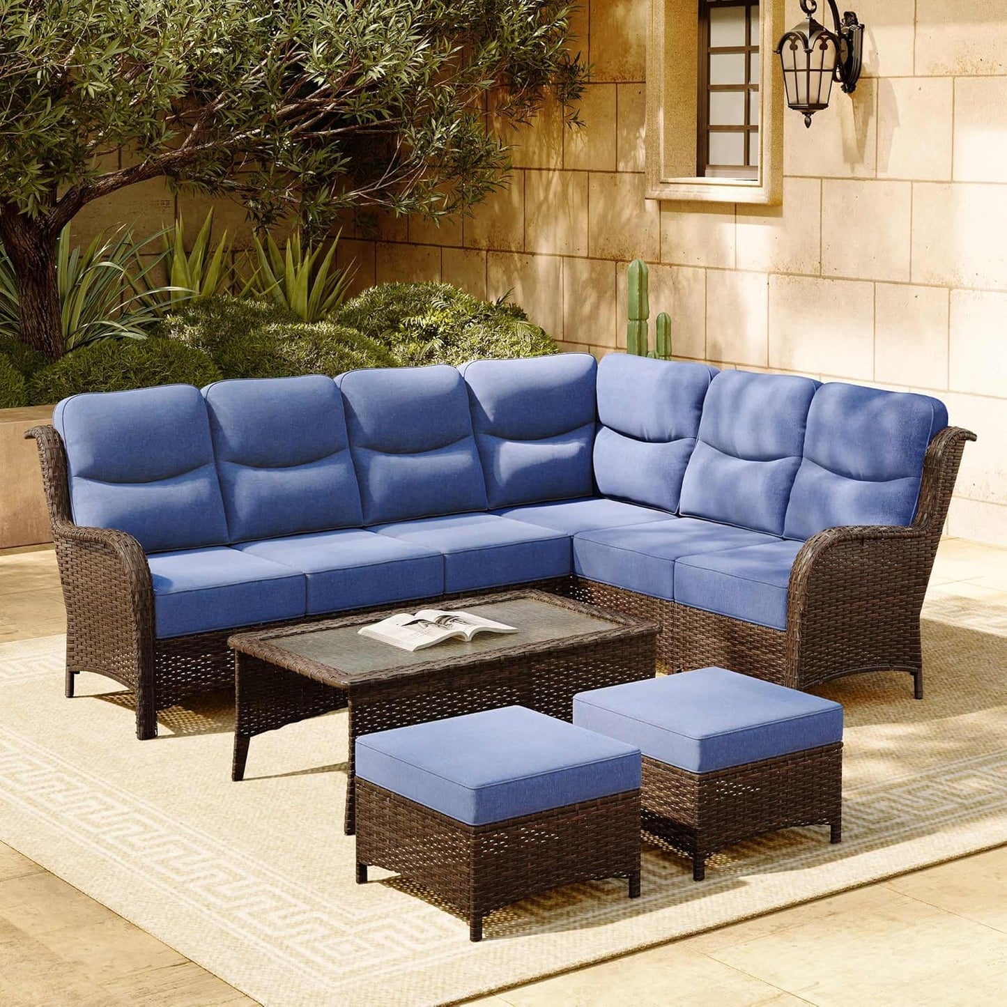 HILLGA Luxury Patio Furniture Set with 6-inch Thick Cushion, Outdoor Sectional Sofa and High Back Swivel Rocker Patio Chairs, 7PCS Wicker Conversation Set for Deck Yard and Pool, Blue (V2)