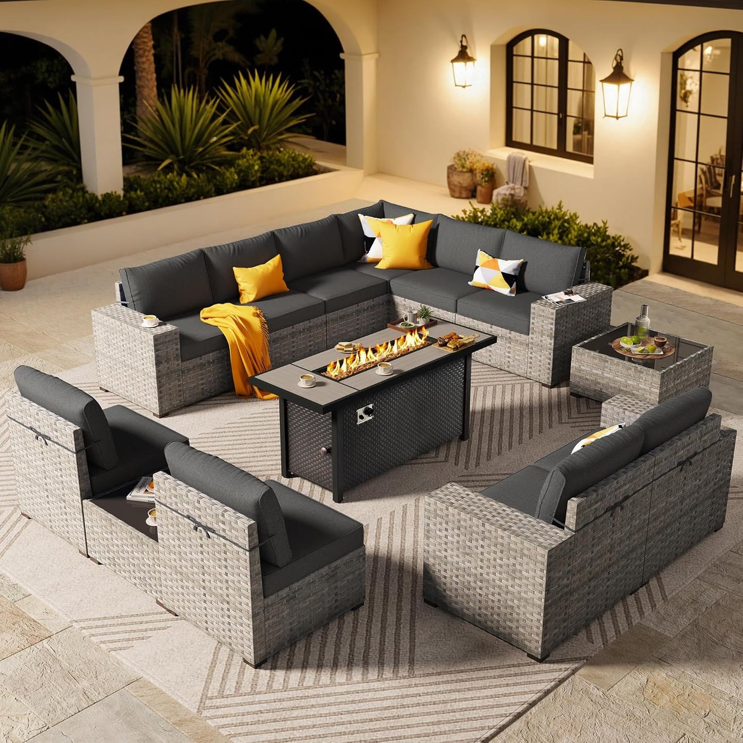 ovios 6 Pieces Patio Furniture Set, Outdoor Wicker Sectional Sofa with Glass Table Comfy Cushions, Modern Modular Deep Seat Couch Rattan Conversation Set, Denim Blue