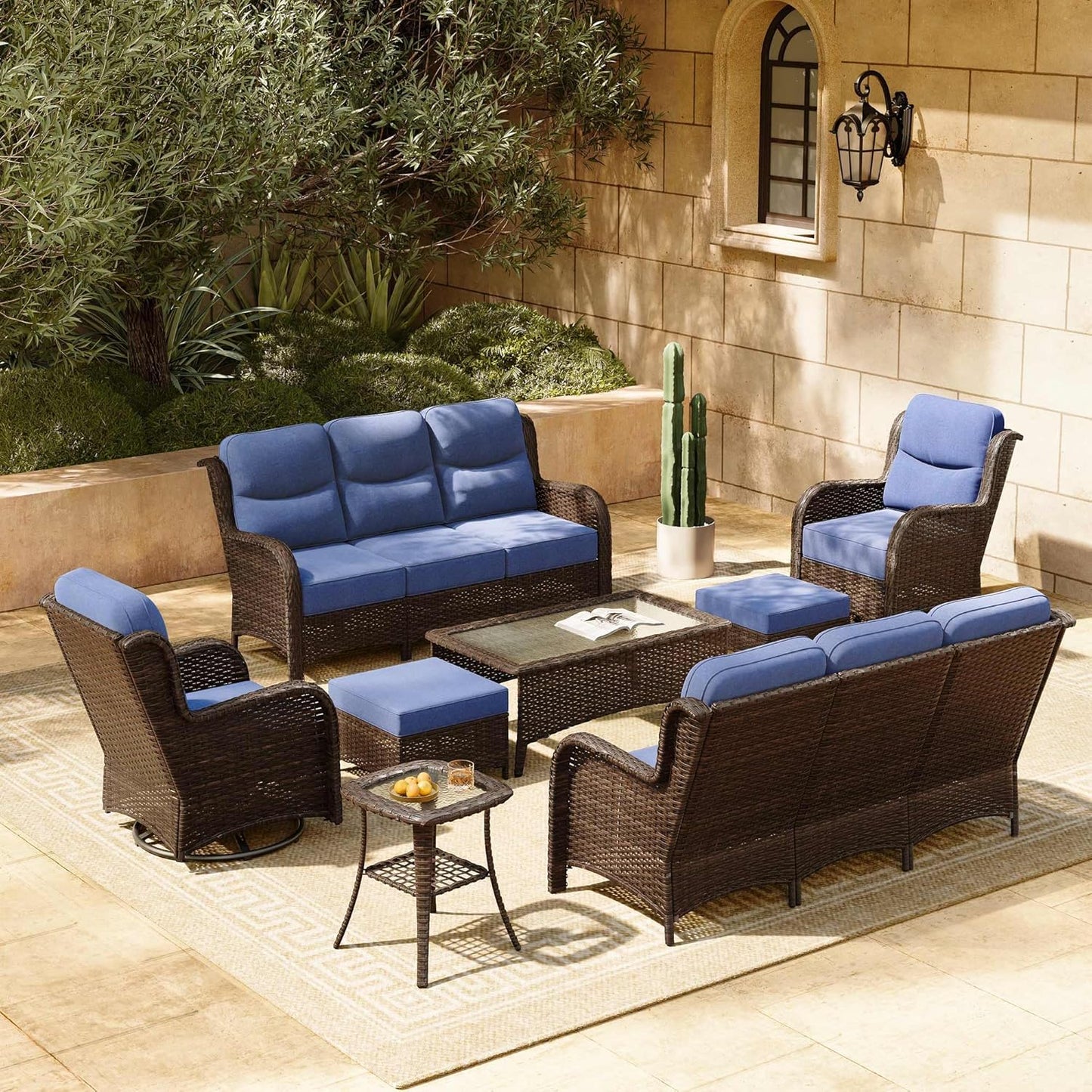 HILLGA Luxury Patio Furniture Set with 6-inch Thick Cushion, Outdoor Sectional Sofa and High Back Swivel Rocker Patio Chairs, 7PCS Wicker Conversation Set for Deck Yard and Pool, Blue (V2)