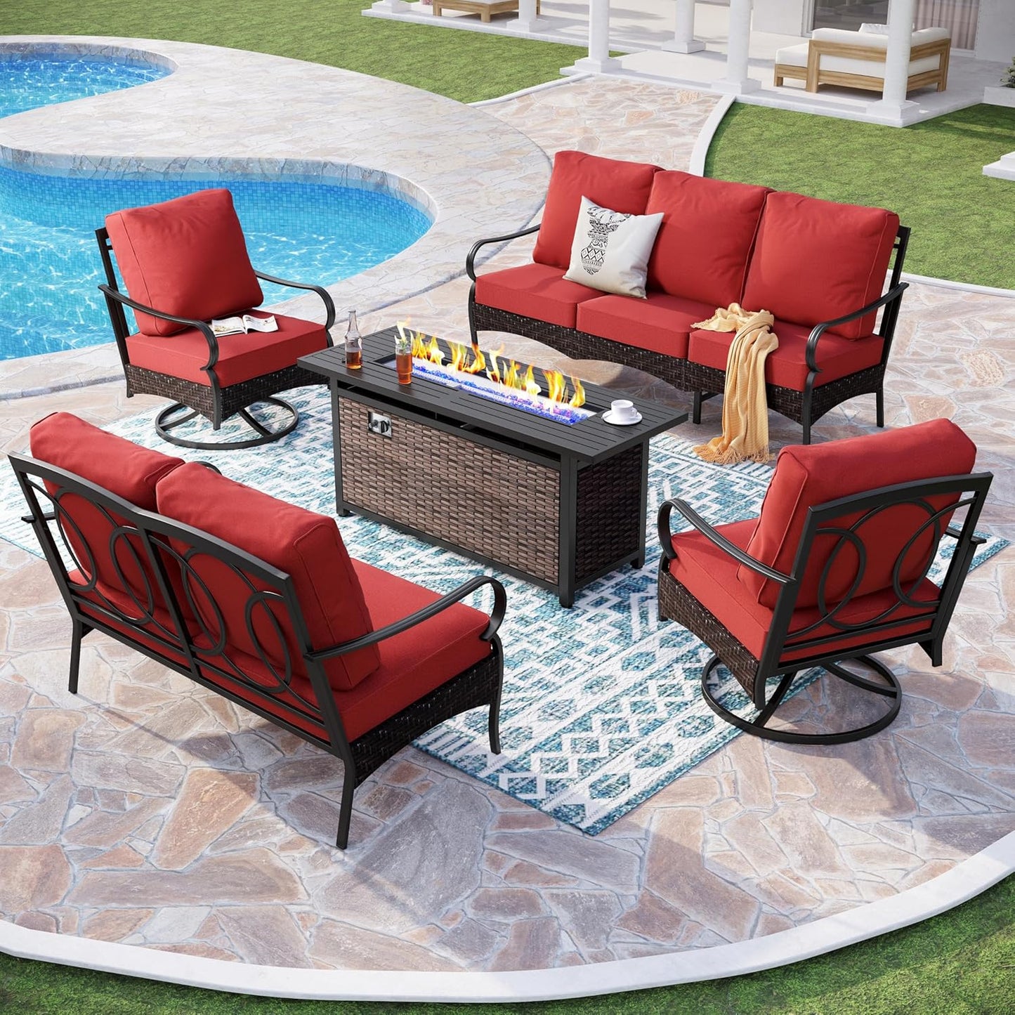 Patio Furniture Set with 56" Fire Pit Table, Premium Outdoor Wicker Metal Frame Furniture with Upgraded Waterproof Thick Cushions for Porch, Poolside, Deck, and Yard (4 Pieces,Red