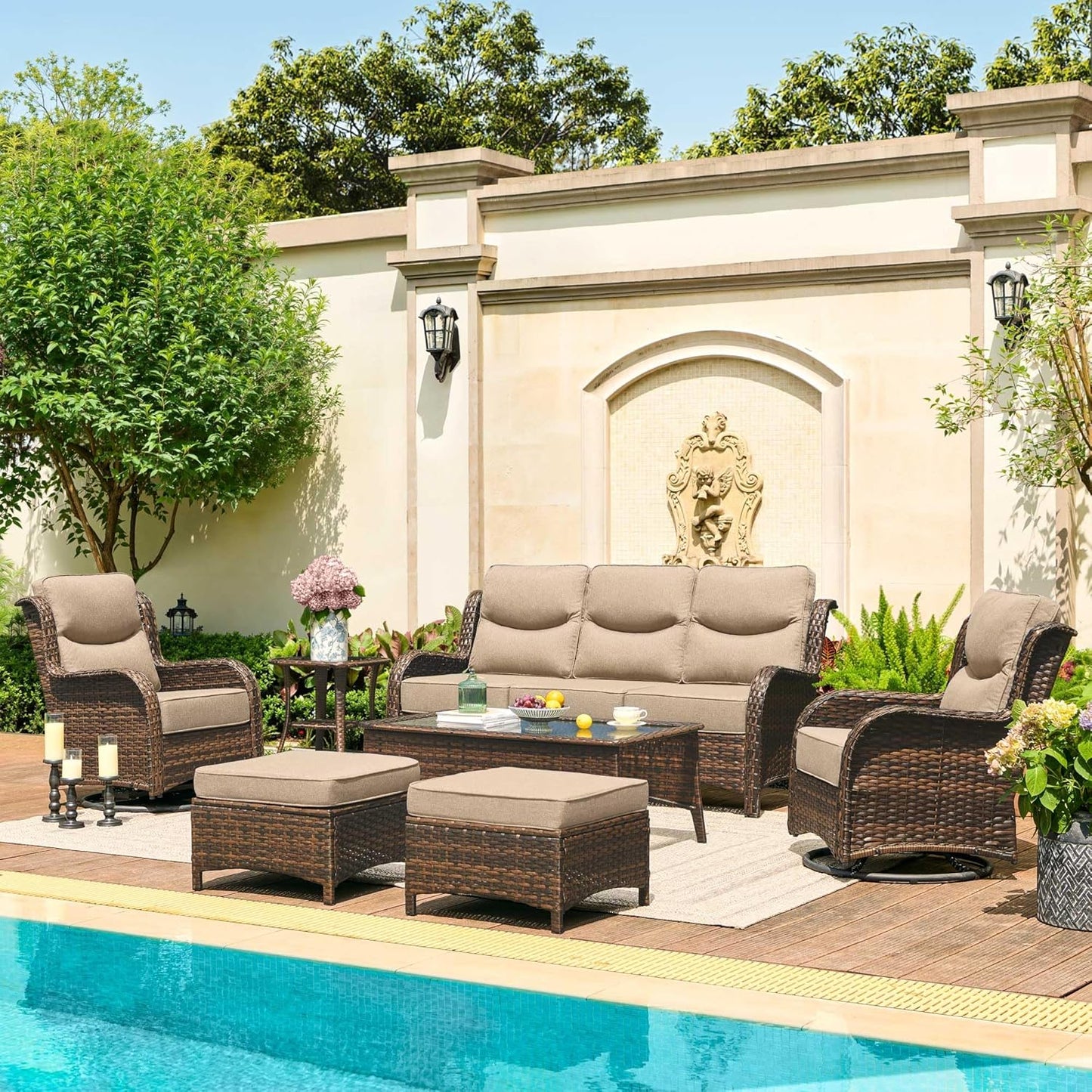 HILLGA Luxury Patio Furniture Set with 6-inch Thick Cushion, Outdoor Sectional Sofa and High Back Swivel Rocker Patio Chairs, 7PCS Wicker Conversation Set for Deck Yard and Pool, Blue (V2)