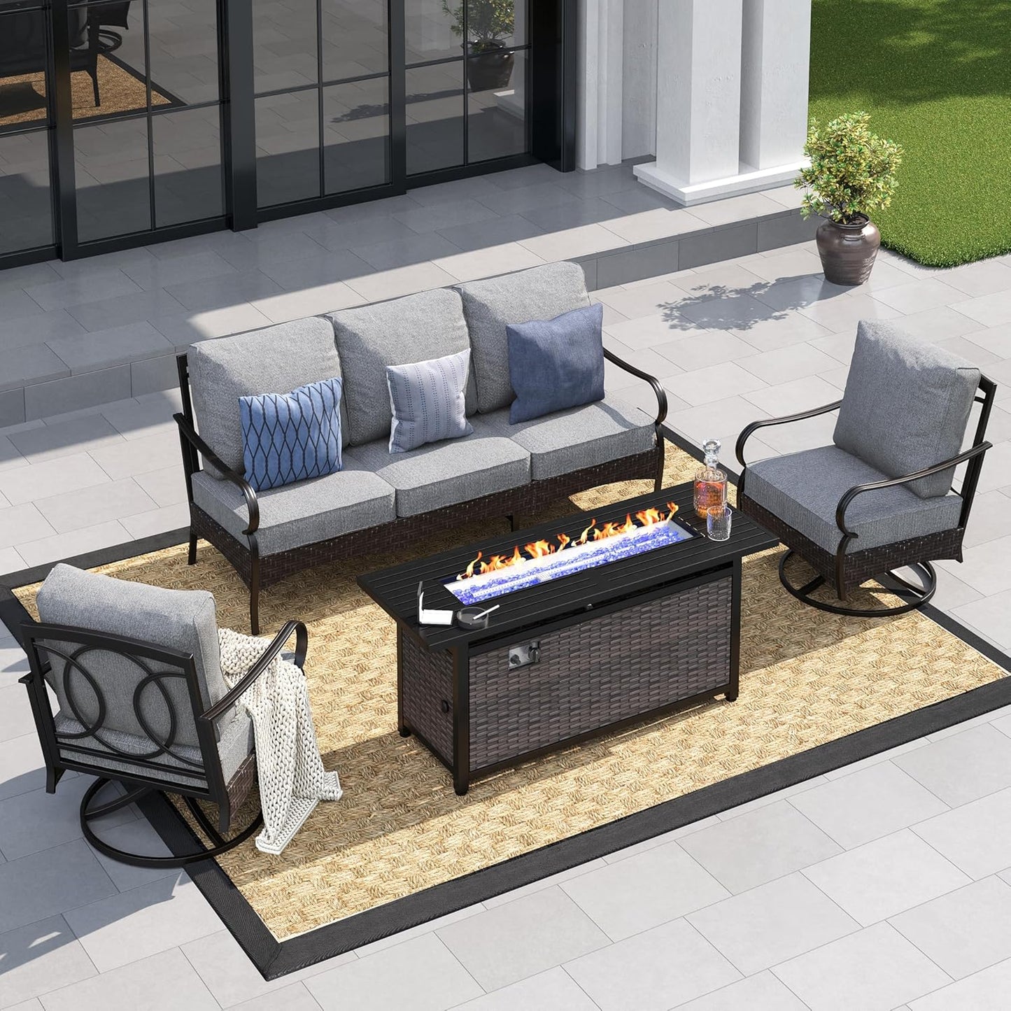 Patio Furniture Set with 56" Fire Pit Table, Premium Outdoor Wicker Metal Frame Furniture with Upgraded Waterproof Thick Cushions for Porch, Poolside, Deck, and Yard (4 Pieces,Red