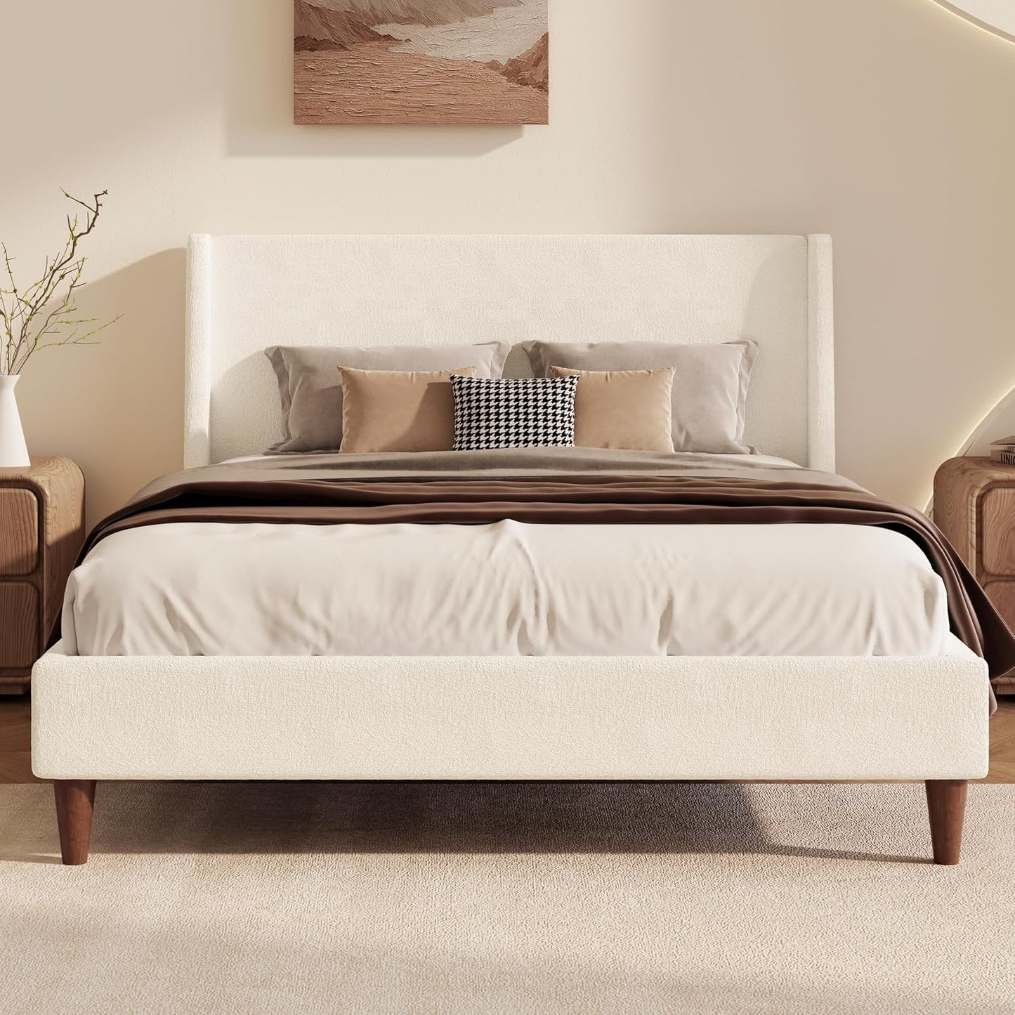 Queen Size Upholstered Platform Bed Frame, 54" High Headboard Carmen Wingback Bed, Fully Upholstered Mattress Foundation, No Box Spring Needed No Noise, Minimalist, Textured Ivory
