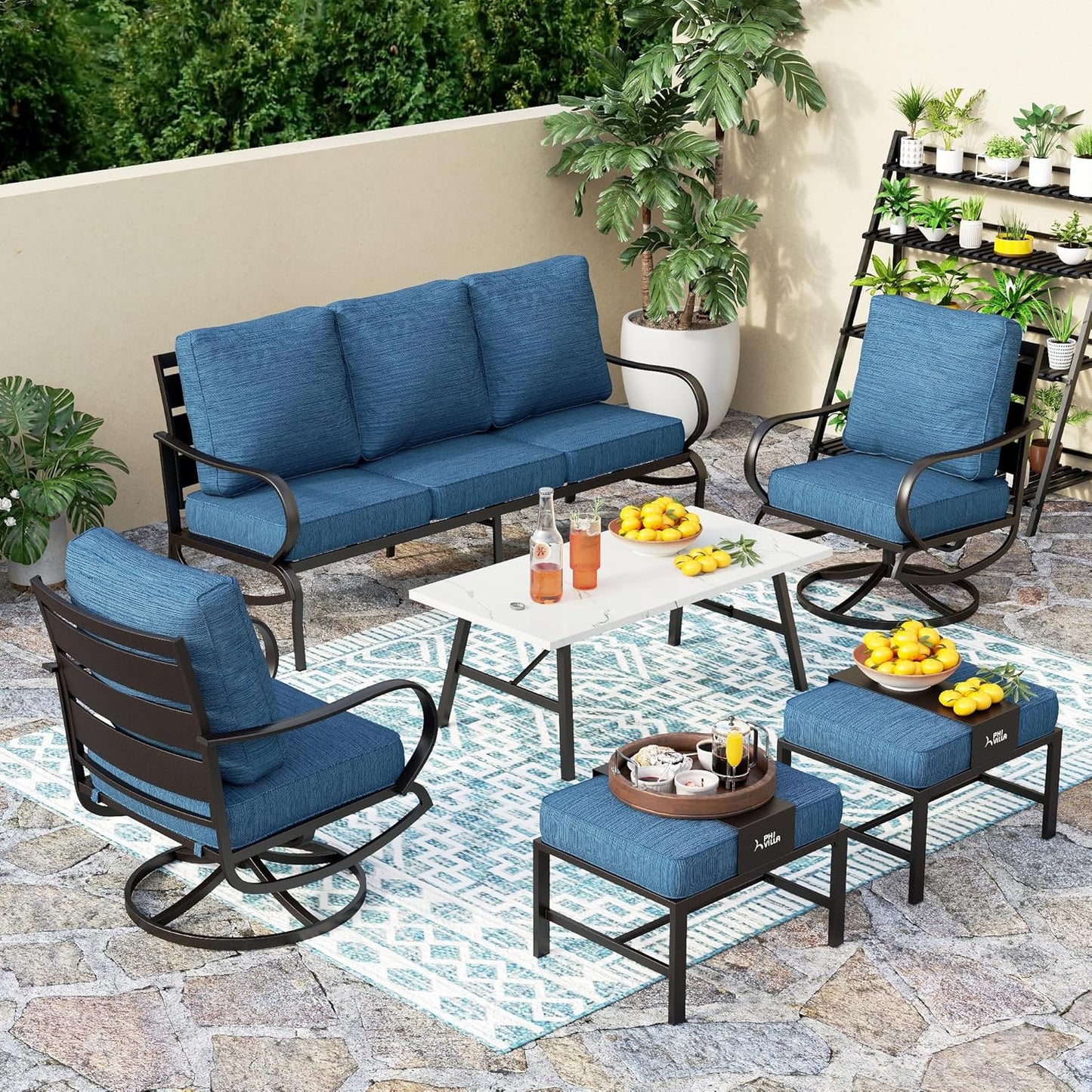 PHI VILLA 6 Piece Patio Furniture Sets with 1 x 3 Seater Padded Deep Seating Bench, 2 x Swivel Cushioned Sofa Chairs, 2 x Leg Sofa Chairs and 1 x Coffee Table, Outdoor Metal Furniture Set for 7