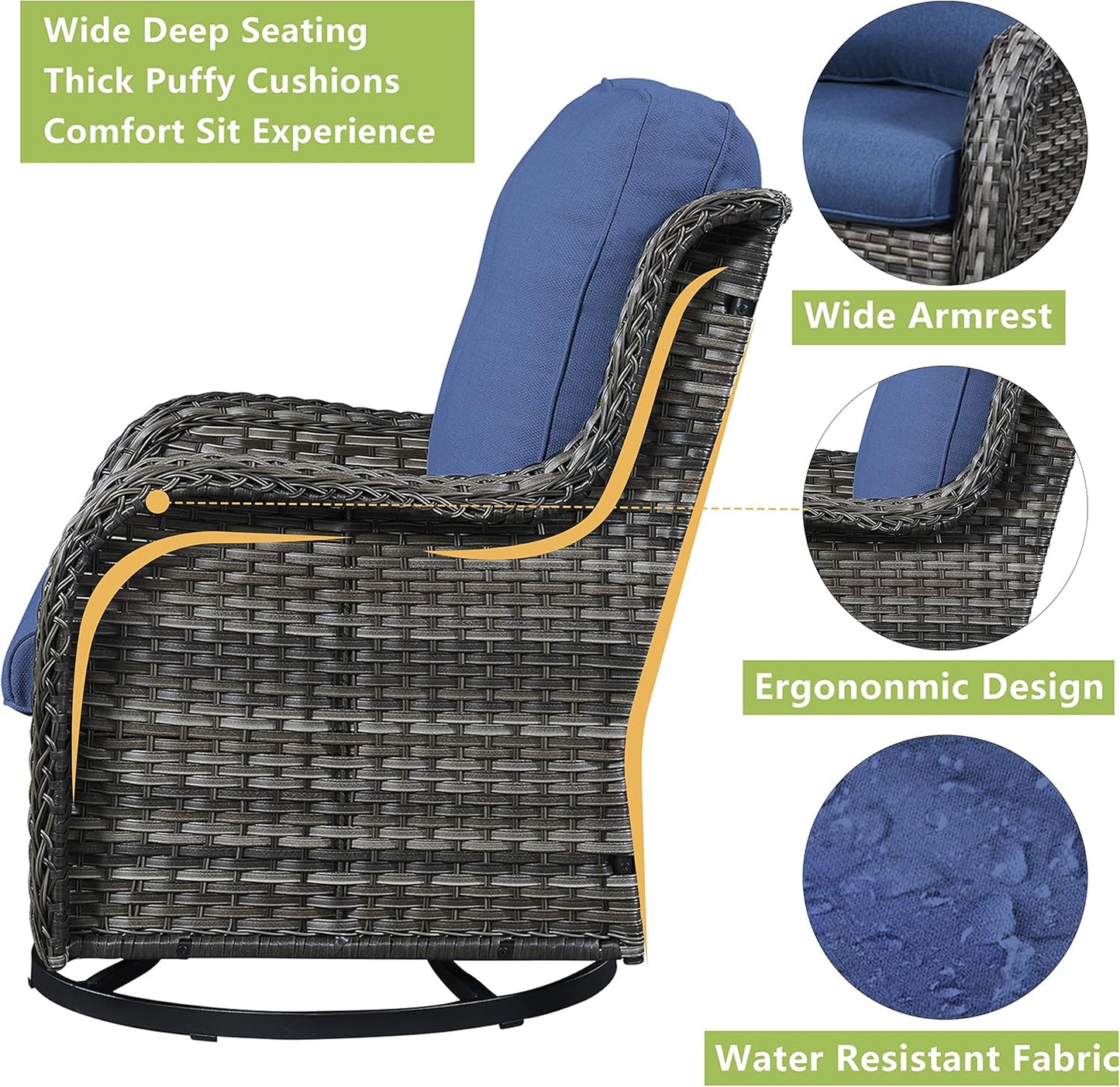 Rilyson Wicker Rocking Chair Swivel Chairs - 4 Piece Rocker Patio Chairs Set Rattan Rocking Chair for Outdoor Porch Deck Garden Backyard(Mixed Grey/Blue)