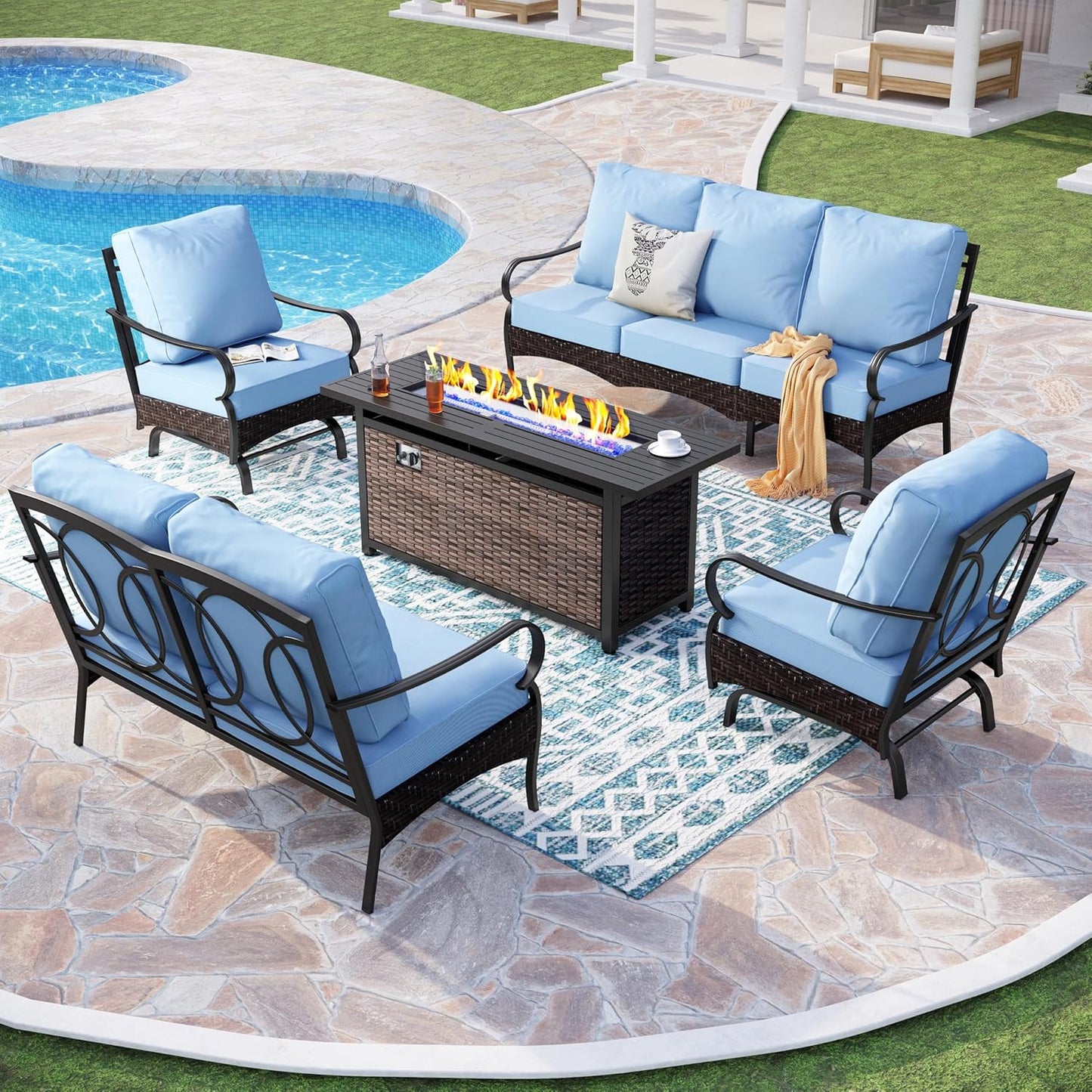 Patio Furniture Set with 56" Fire Pit Table, Premium Outdoor Wicker Metal Frame Furniture with Upgraded Waterproof Thick Cushions for Porch, Poolside, Deck, and Yard (4 Pieces,Red