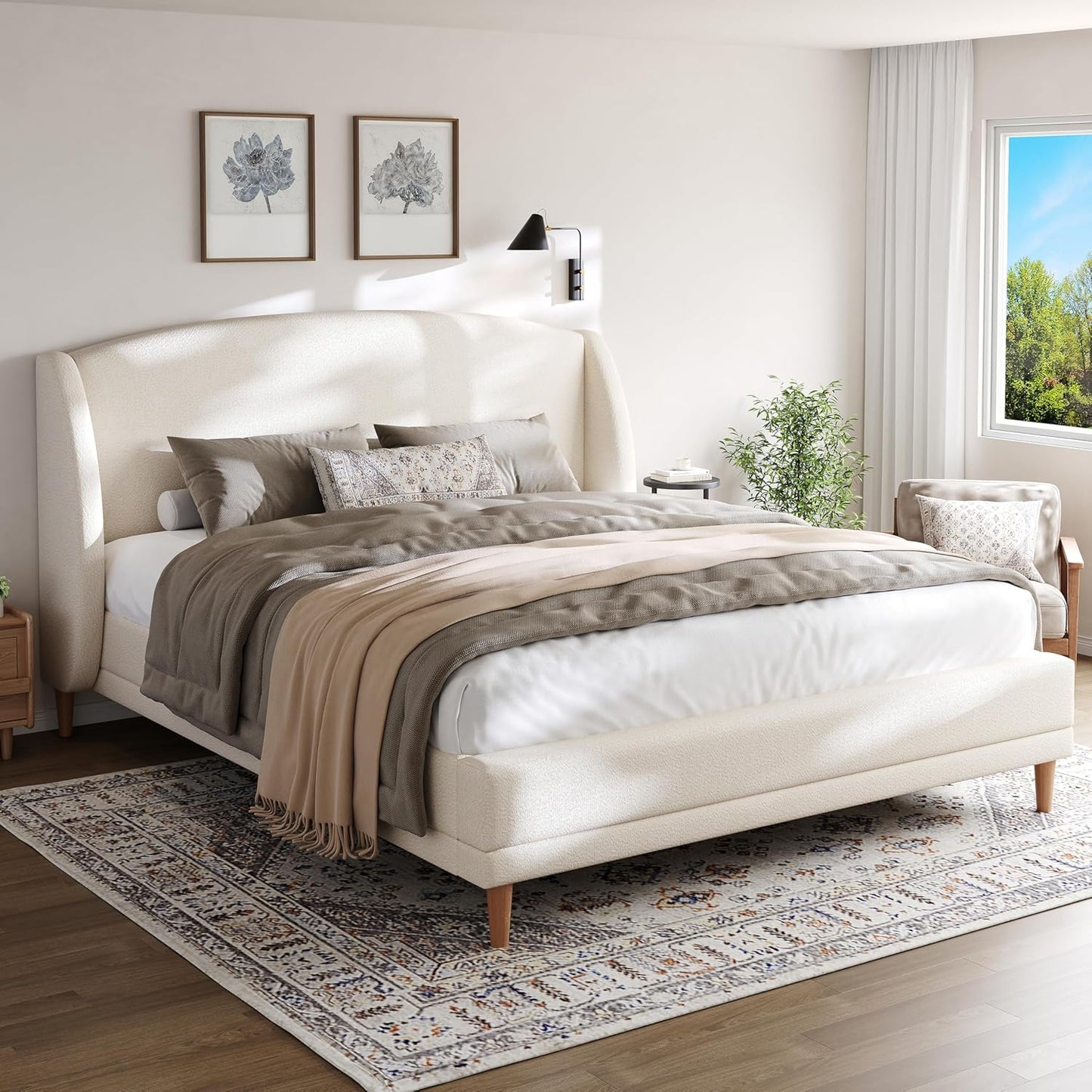 Christopher Knight Home Hazel King Size Bed Frame, Upholstered Platform Bed, Soft Boucle Wingback Headboard, Wood Bed Support and Slats, Curved-Shaped Headboard King Beds for Adult, 45.60" H White