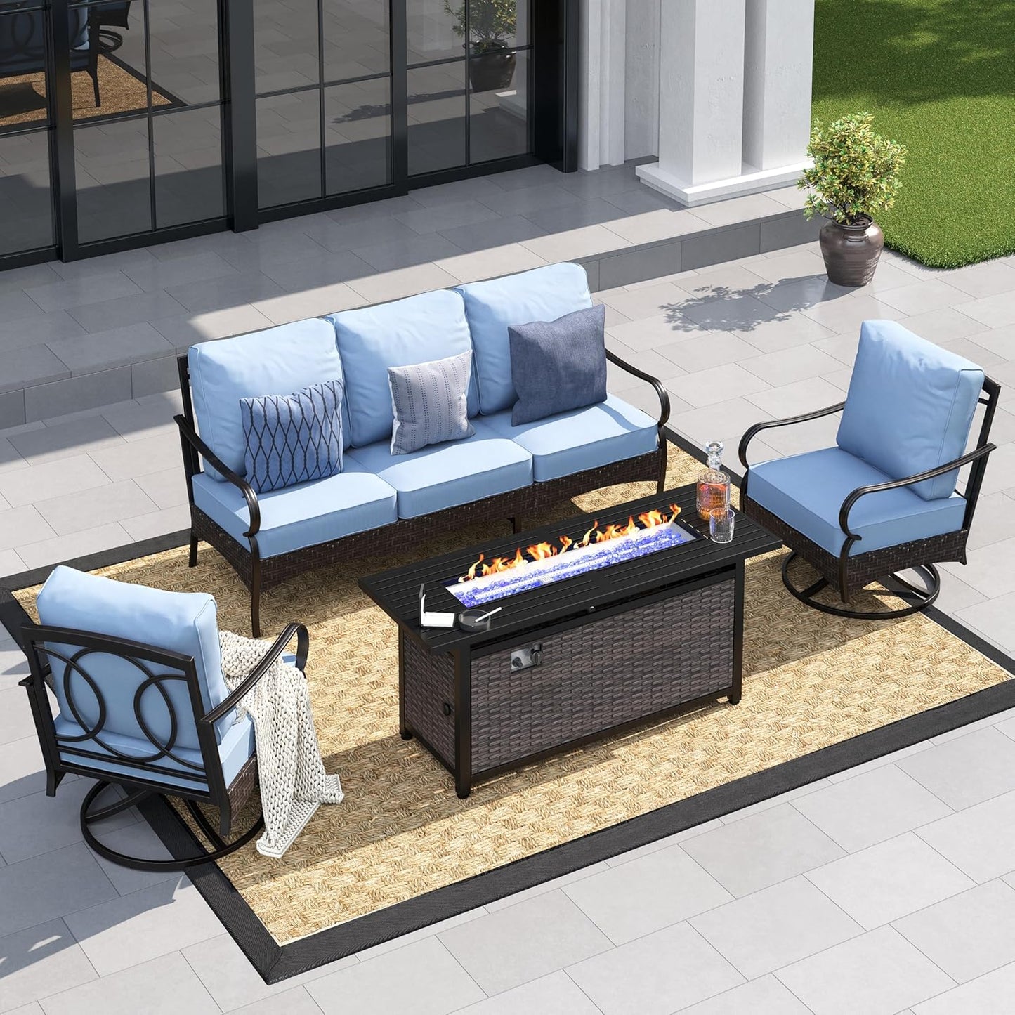 Patio Furniture Set with 56" Fire Pit Table, Premium Outdoor Wicker Metal Frame Furniture with Upgraded Waterproof Thick Cushions for Porch, Poolside, Deck, and Yard (4 Pieces,Red