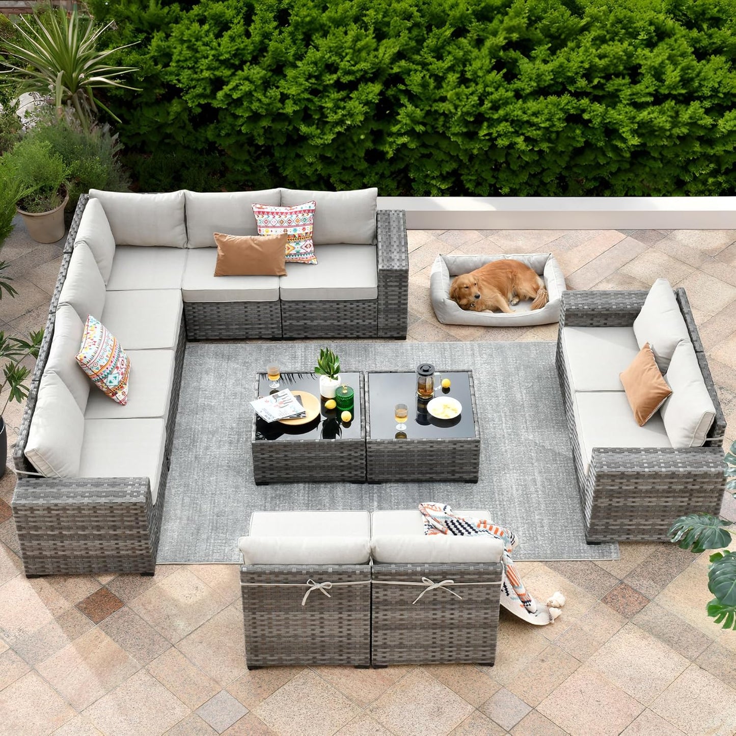 ovios 6 Pieces Patio Furniture Set, Outdoor Wicker Sectional Sofa with Glass Table Comfy Cushions, Modern Modular Deep Seat Couch Rattan Conversation Set, Denim Blue